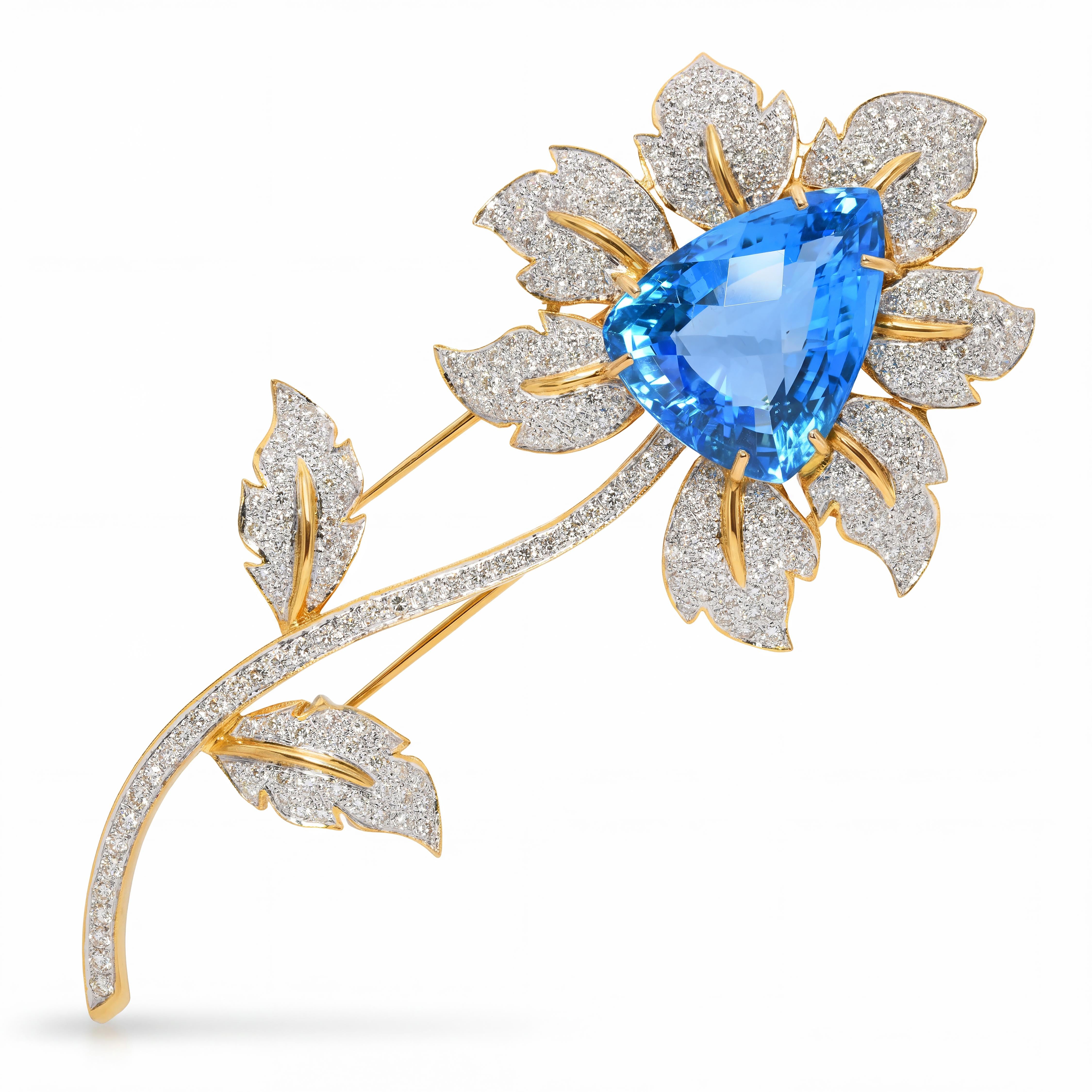Vintage 18k Yellow Gold Blue Topaz & 4.73ctw Diamond Flower Brooch
