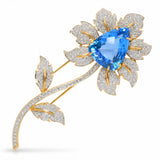 Vintage 18k Yellow Gold Blue Topaz & 4.73ctw Diamond Flower Brooch