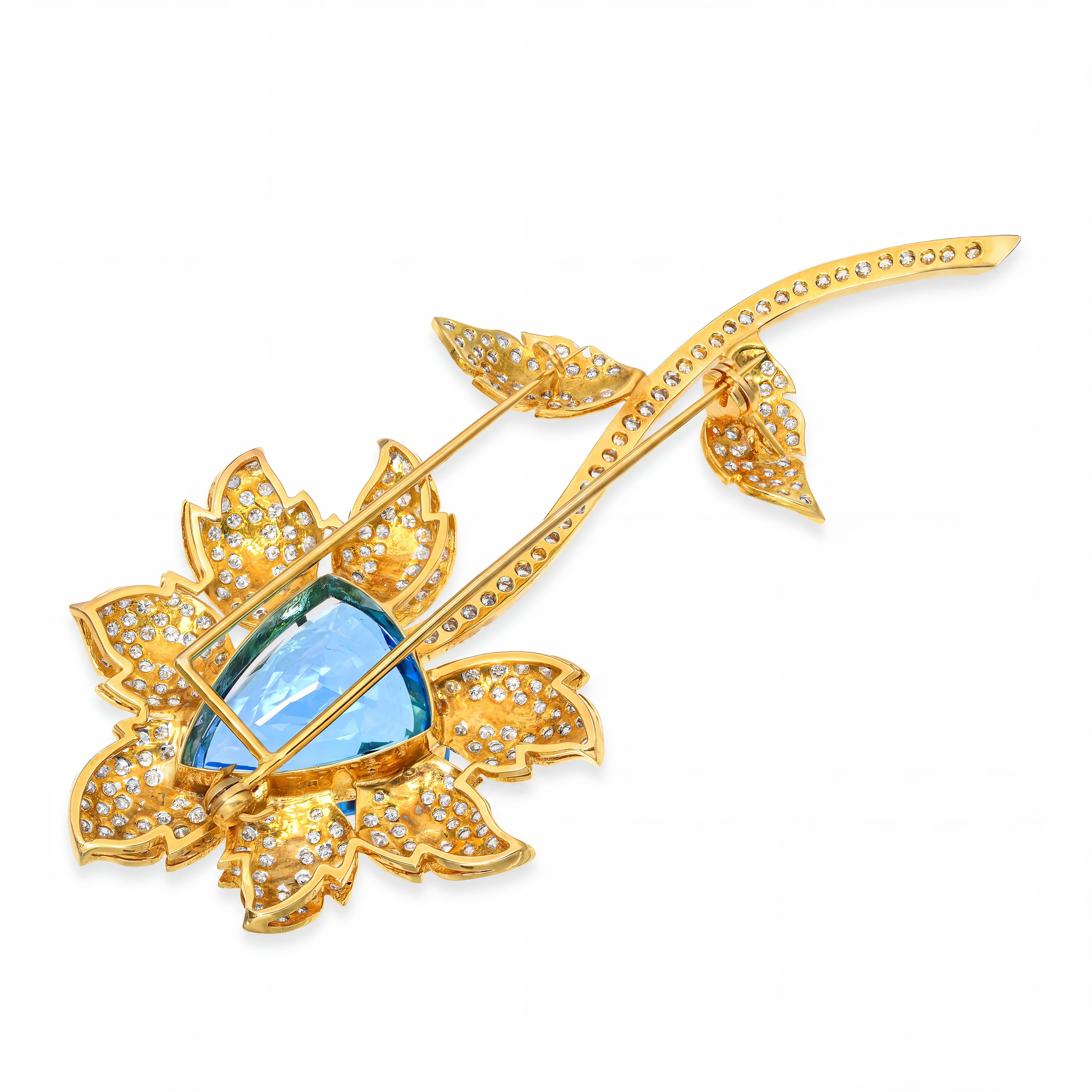 Vintage 18k Yellow Gold Blue Topaz & 4.73ctw Diamond Flower Brooch
