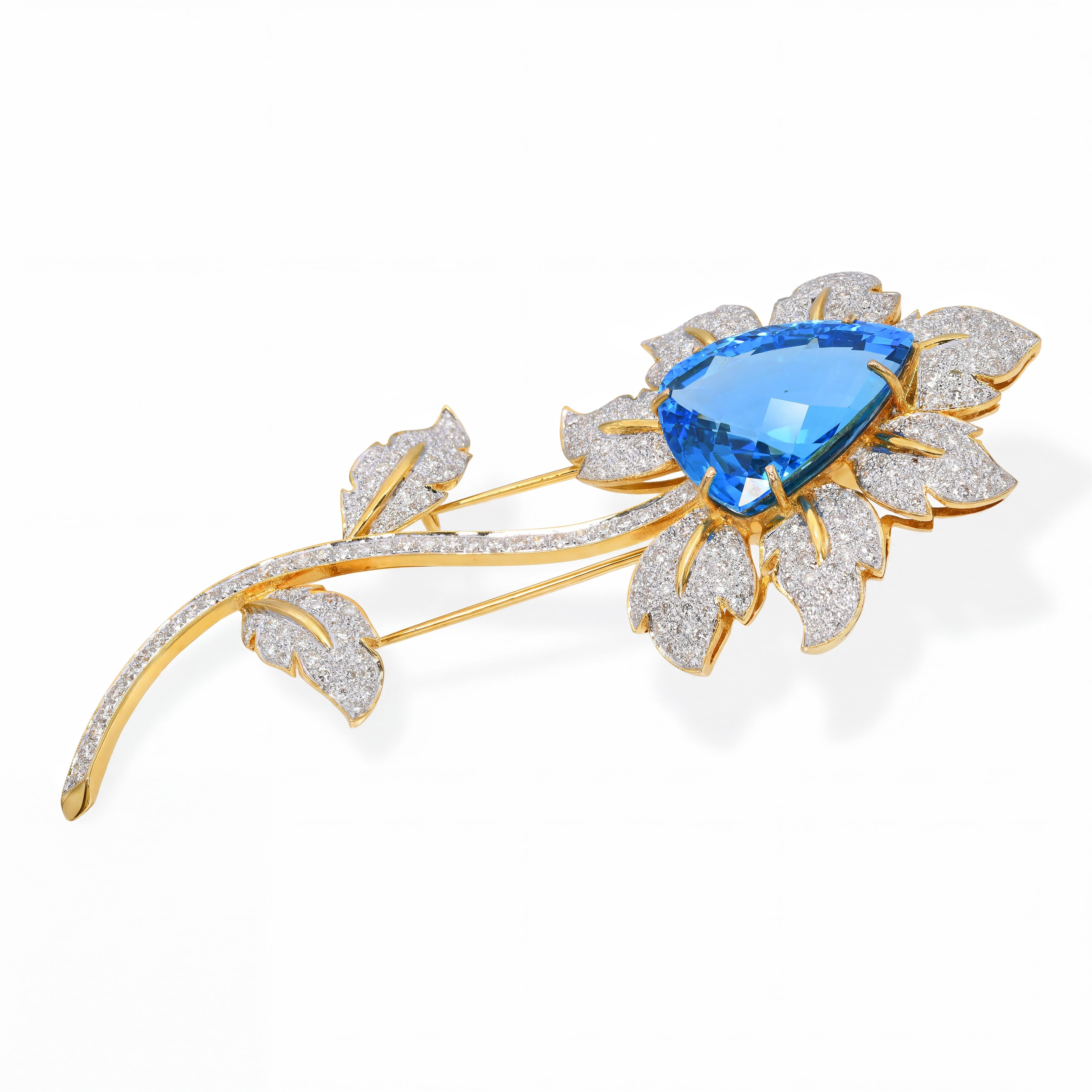 Vintage 18k Yellow Gold Blue Topaz & 4.73ctw Diamond Flower Brooch
