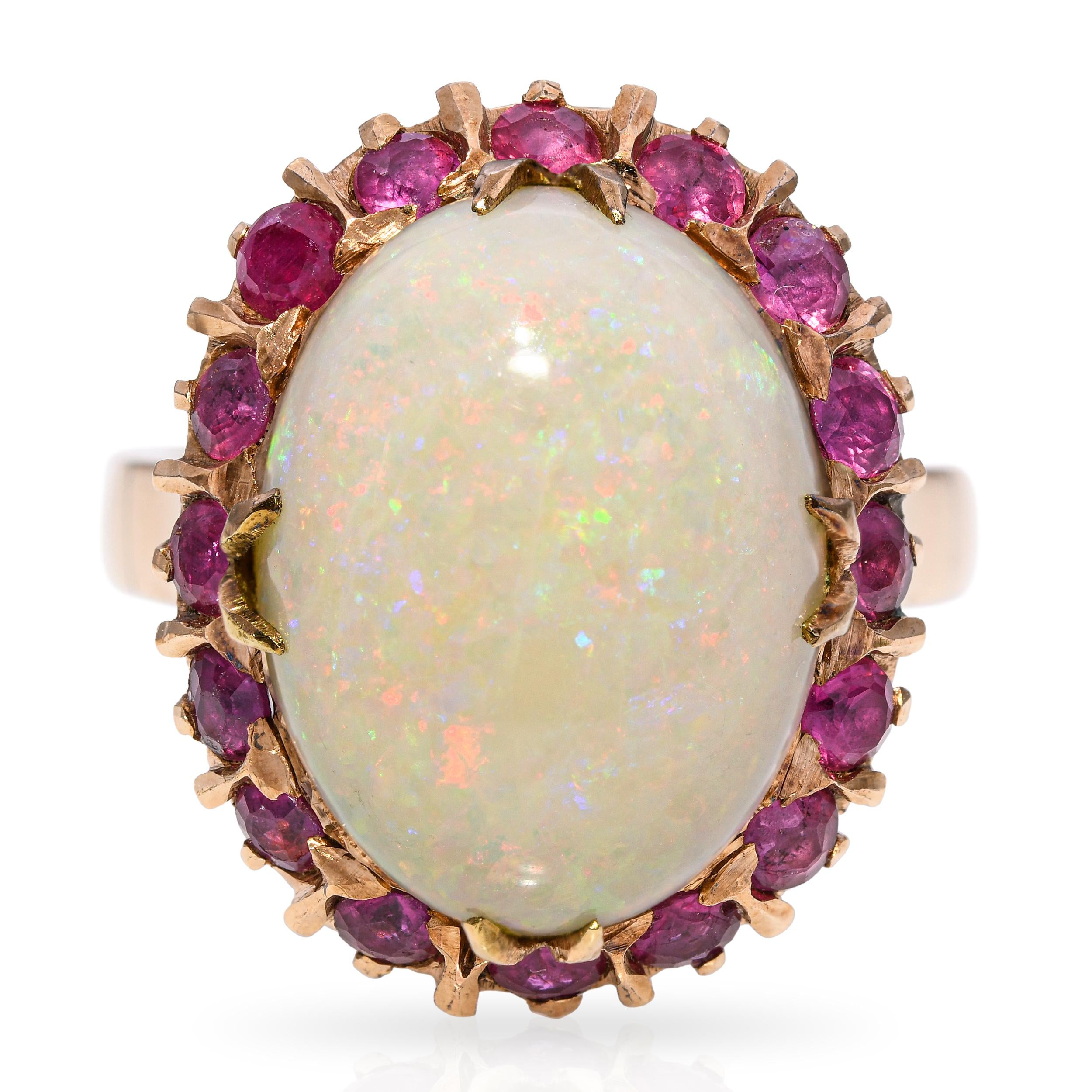 Vintage 14k Yellow Gold 6.48ct Australian Opal and 0.48tcw Ruby Halo Ring