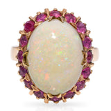 Vintage 14k Yellow Gold 6.48ct Australian Opal and 0.48tcw Ruby Halo Ring