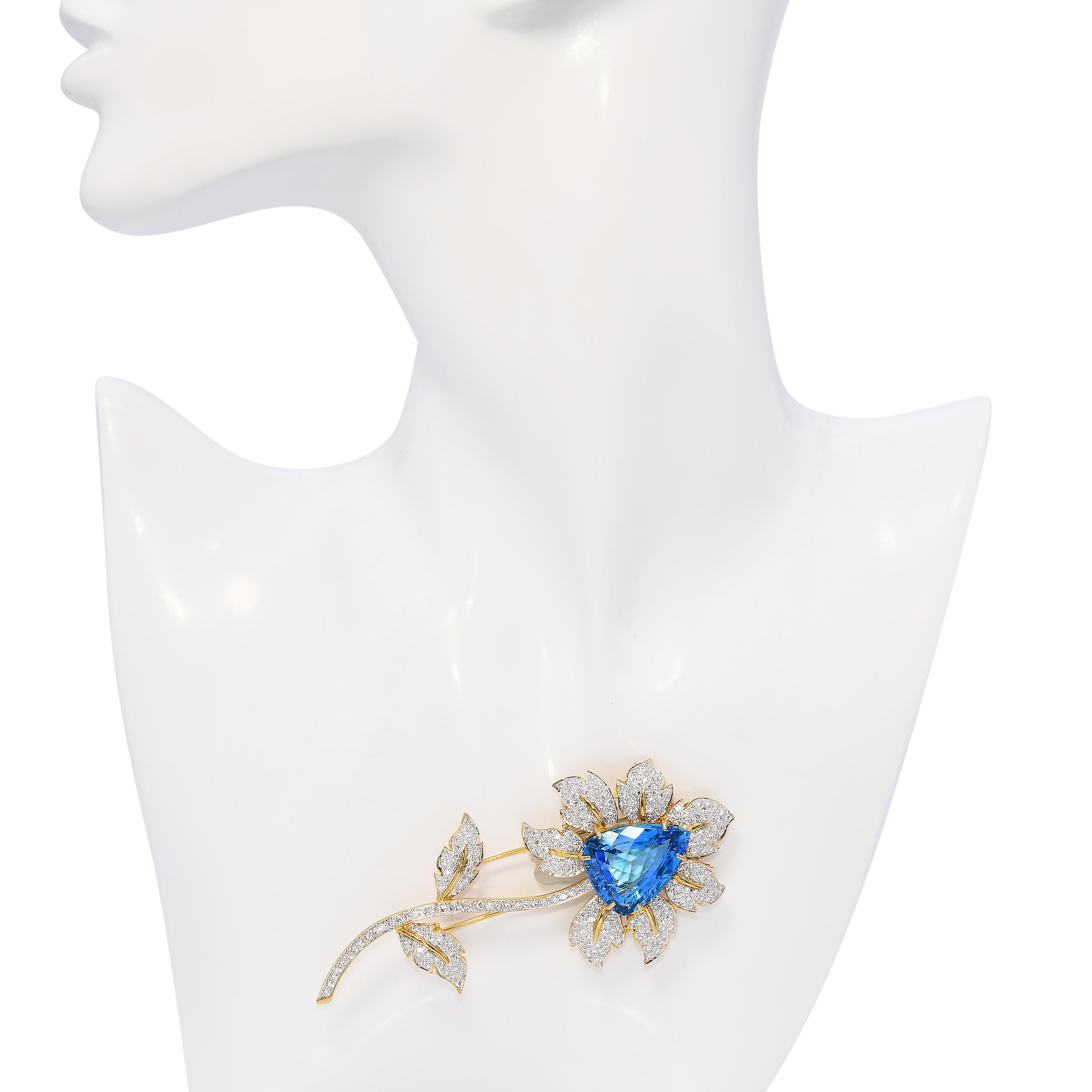 Vintage 18k Yellow Gold Blue Topaz & 4.73ctw Diamond Flower Brooch
