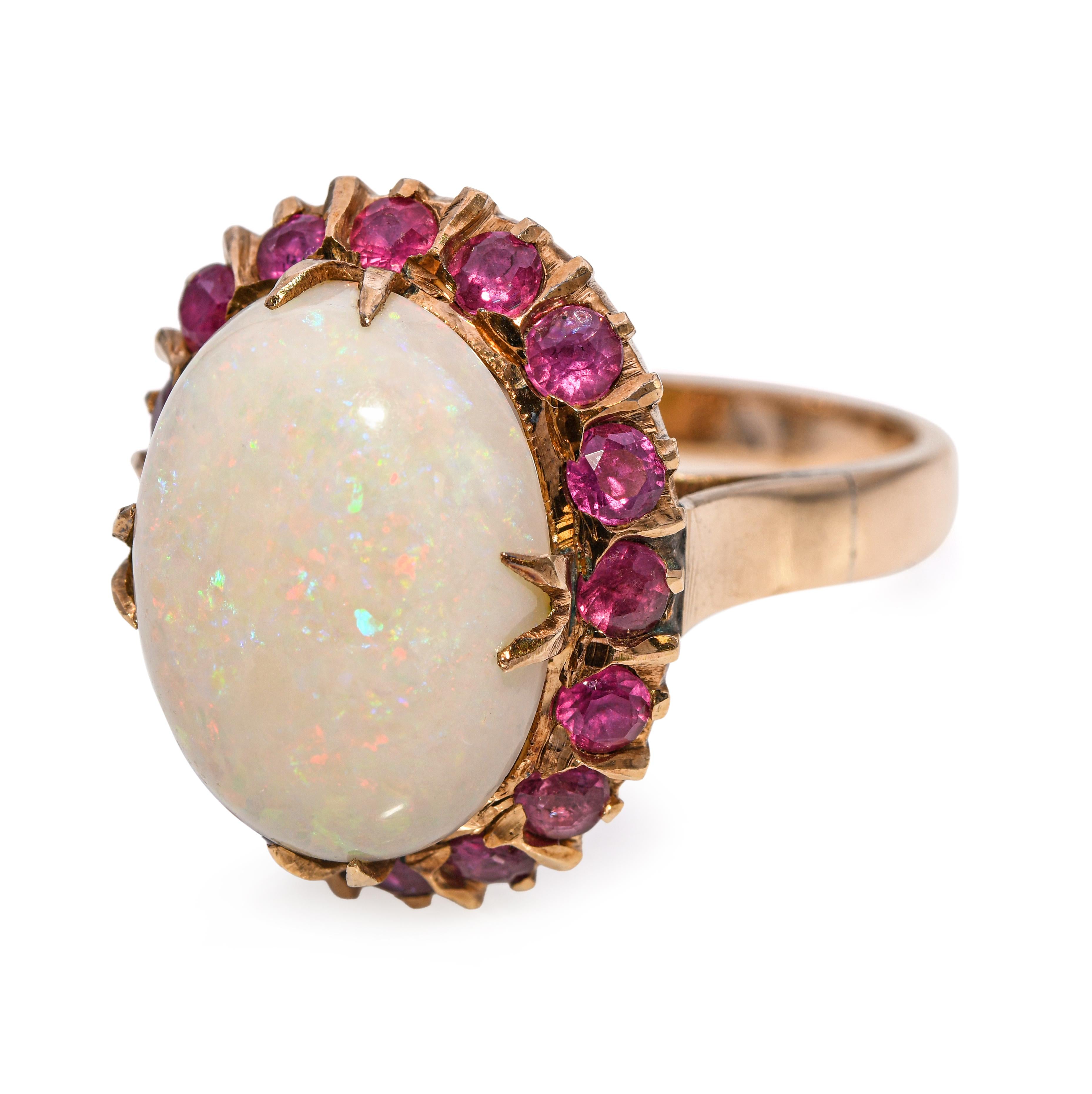 Vintage 14k Yellow Gold 6.48ct Australian Opal and 0.48tcw Ruby Halo Ring