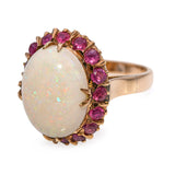 Vintage 14k Yellow Gold 6.48ct Australian Opal and 0.48tcw Ruby Halo Ring