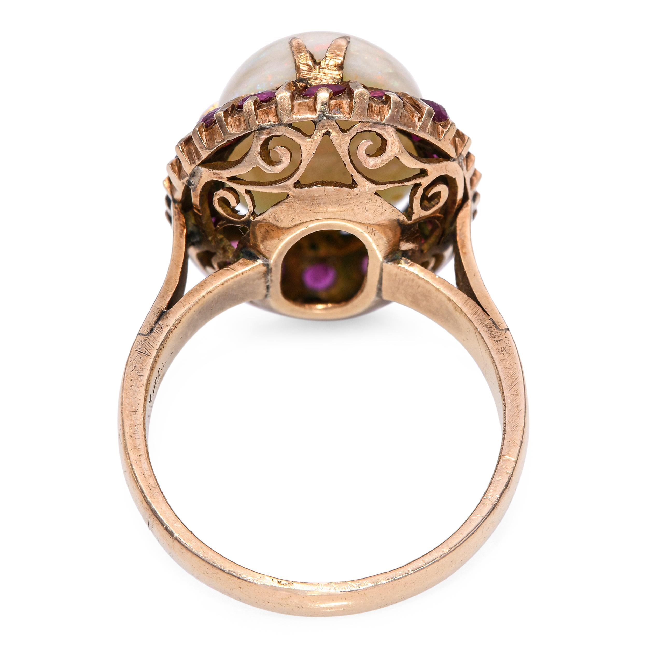 Vintage 14k Yellow Gold 6.48ct Australian Opal and 0.48tcw Ruby Halo Ring