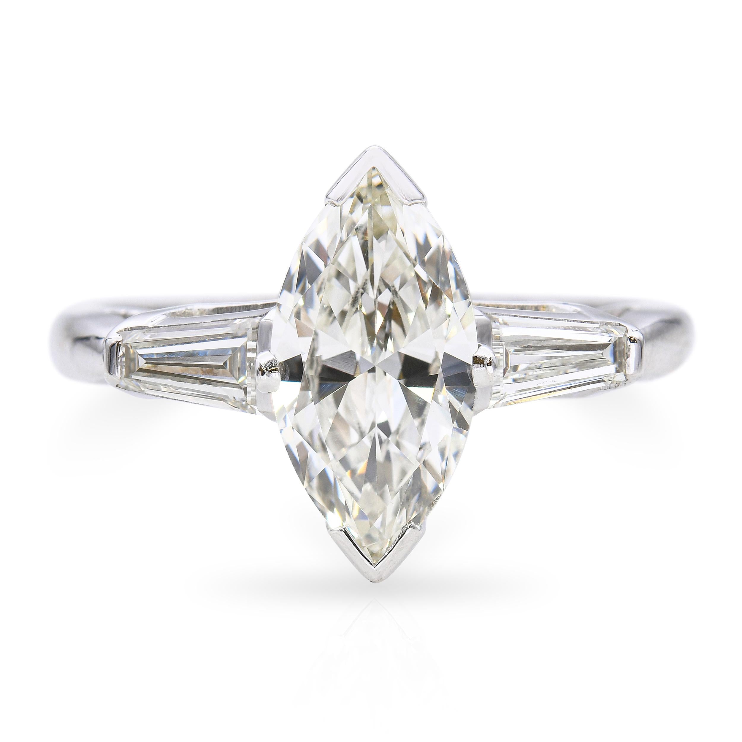 Vintage Platinum 1.52tcw Marquise & Tapered Baguette Diamond Engagement Ring