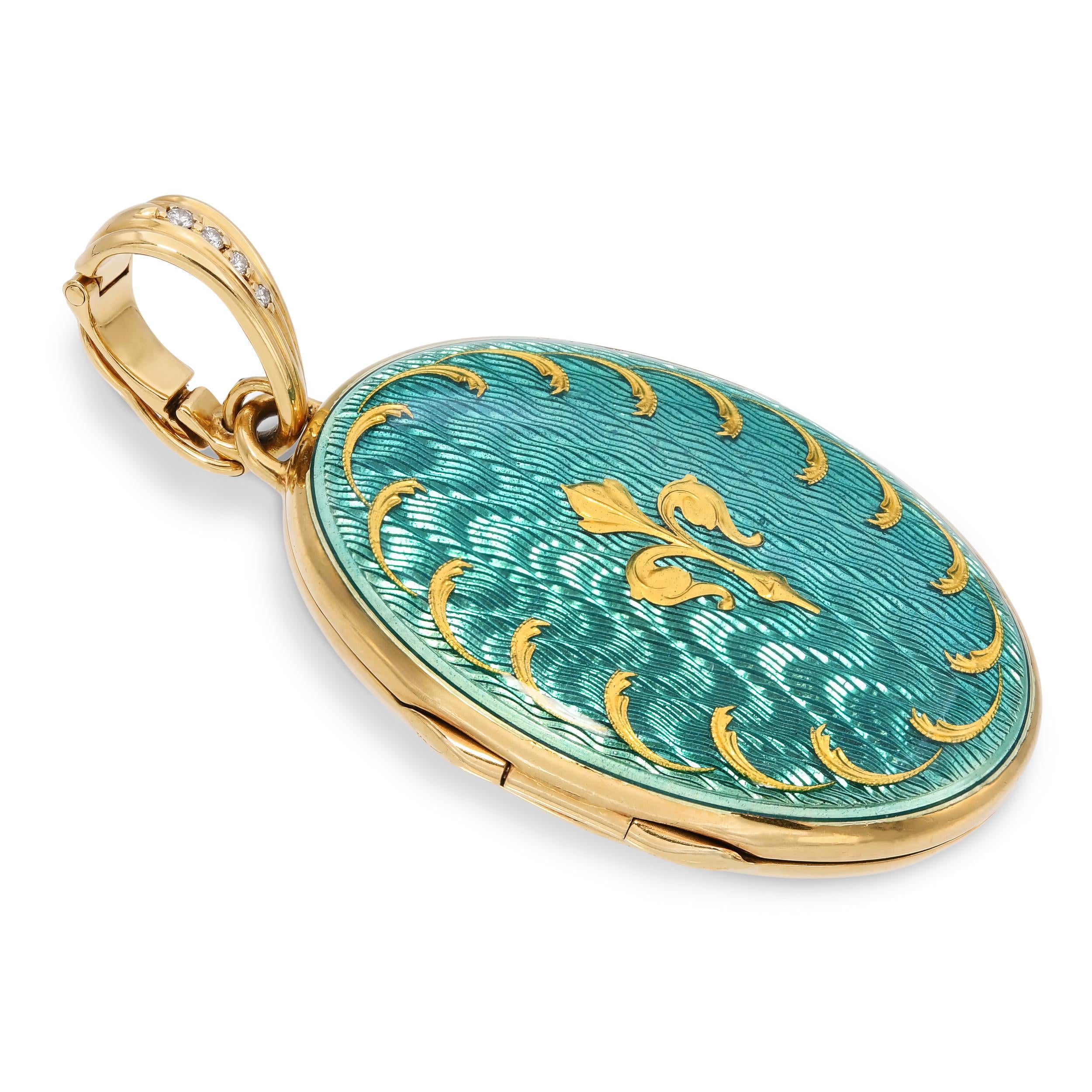 Faberge by Victor Mayer 18k Yellow Gold Fleur Di Lis Guilloche Enamel Locket