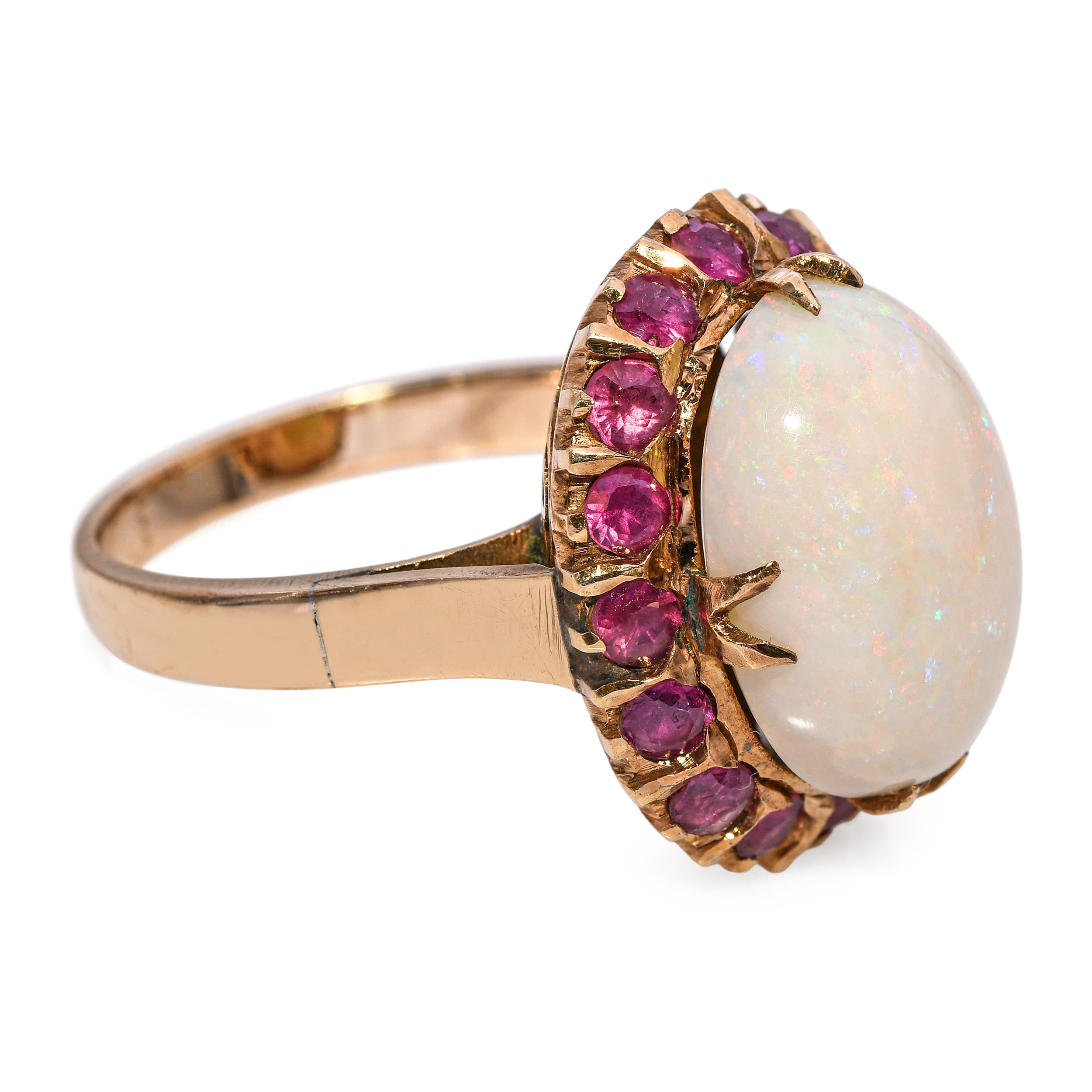 Vintage 14k Yellow Gold 6.48ct Australian Opal and 0.48tcw Ruby Halo Ring