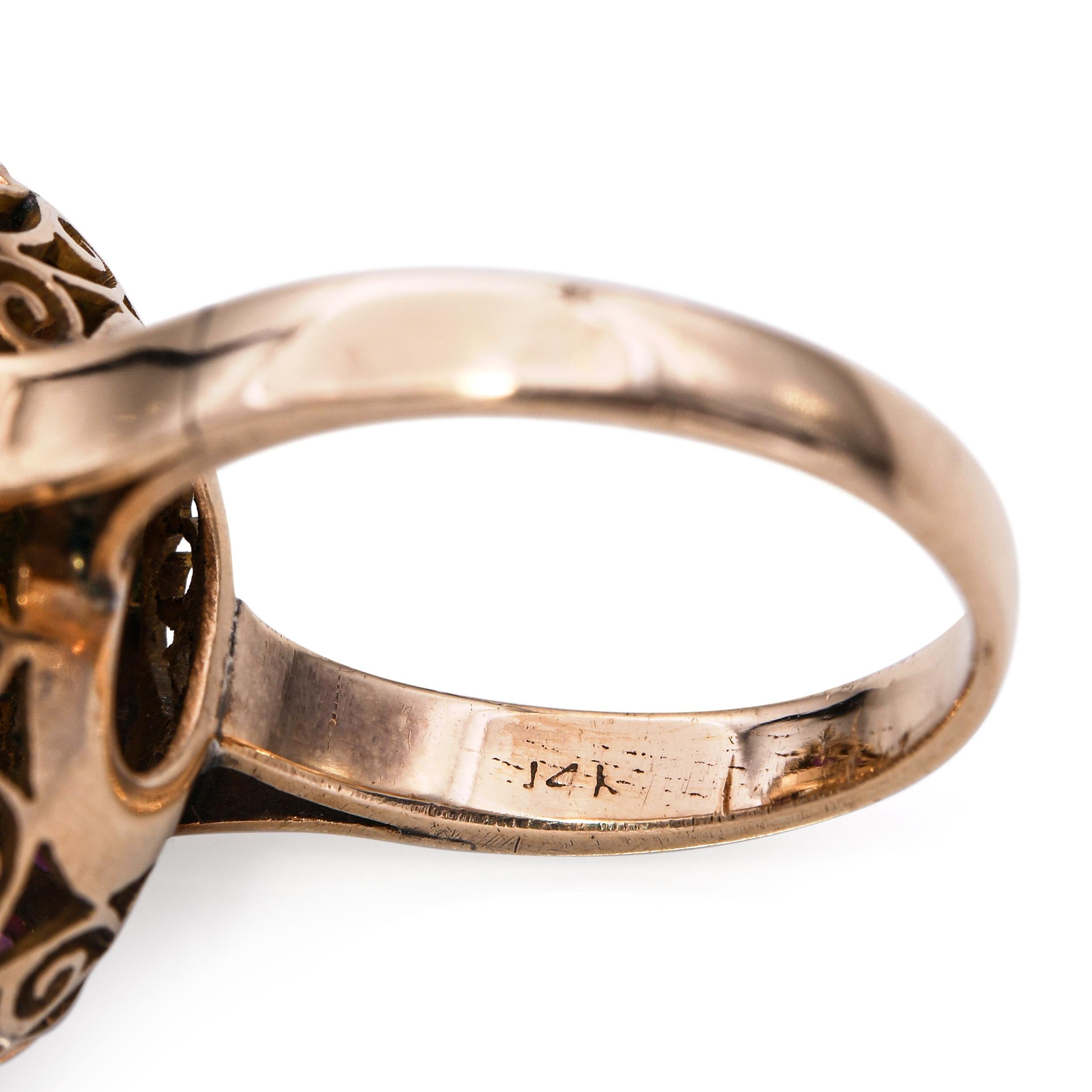 Vintage 14k Yellow Gold 6.48ct Australian Opal and 0.48tcw Ruby Halo Ring