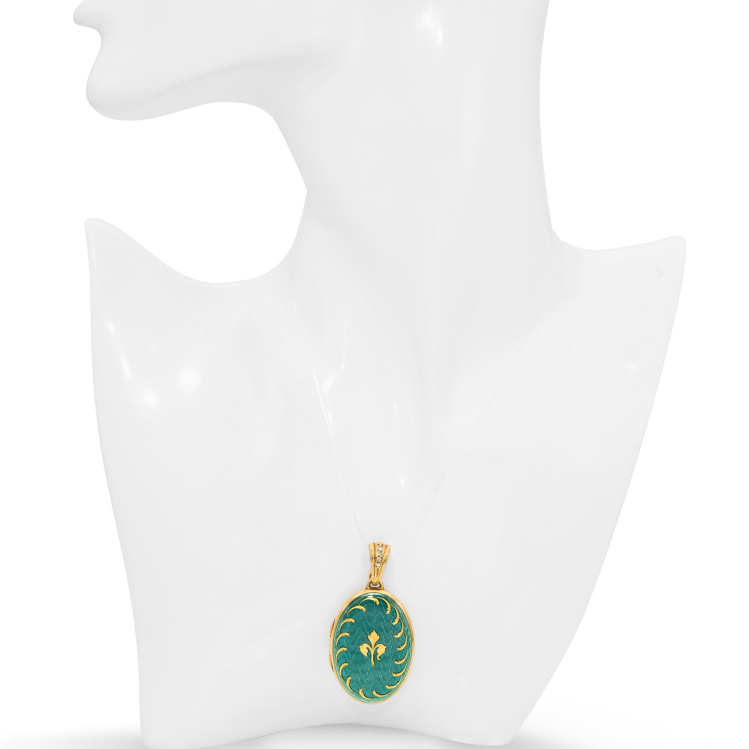 Faberge by Victor Mayer 18k Yellow Gold Fleur Di Lis Guilloche Enamel Locket