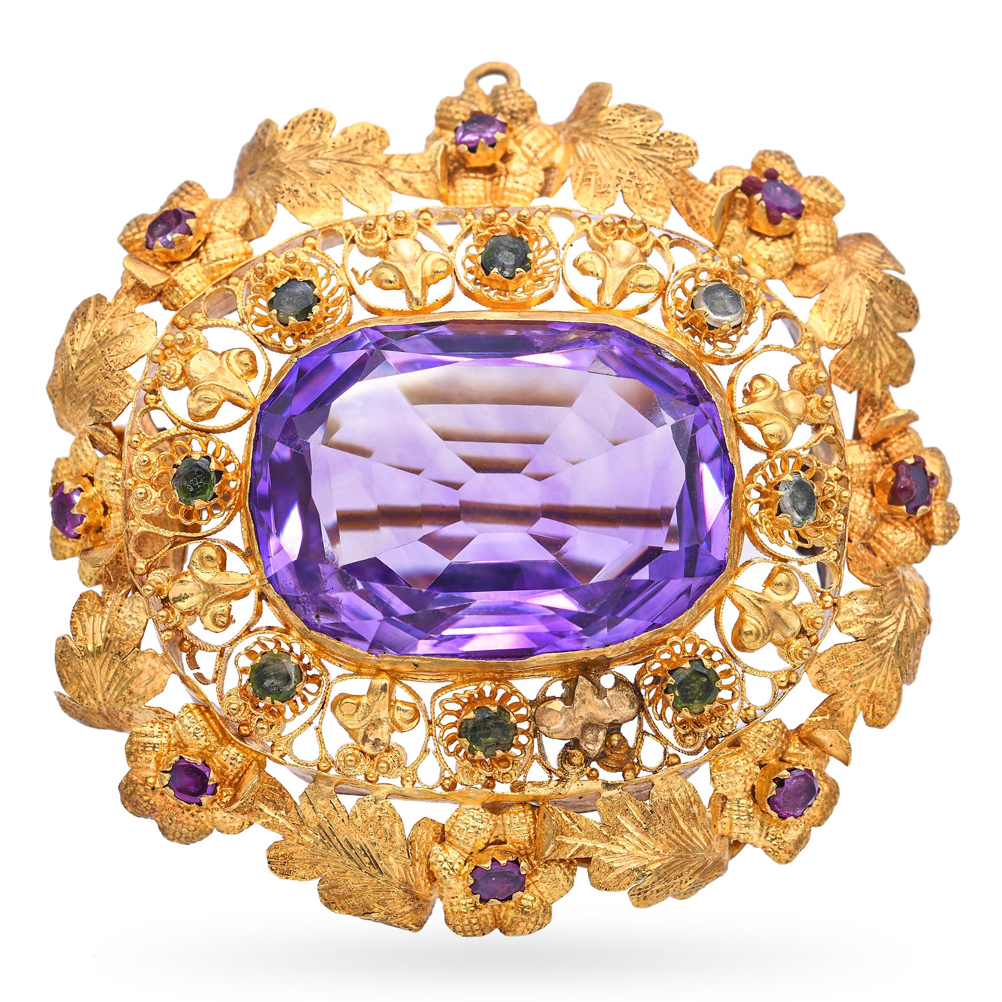 Antique 20k Yellow Gold 22.5ct Amethyst Tourmaline and Ruby Floral Brooch Pin