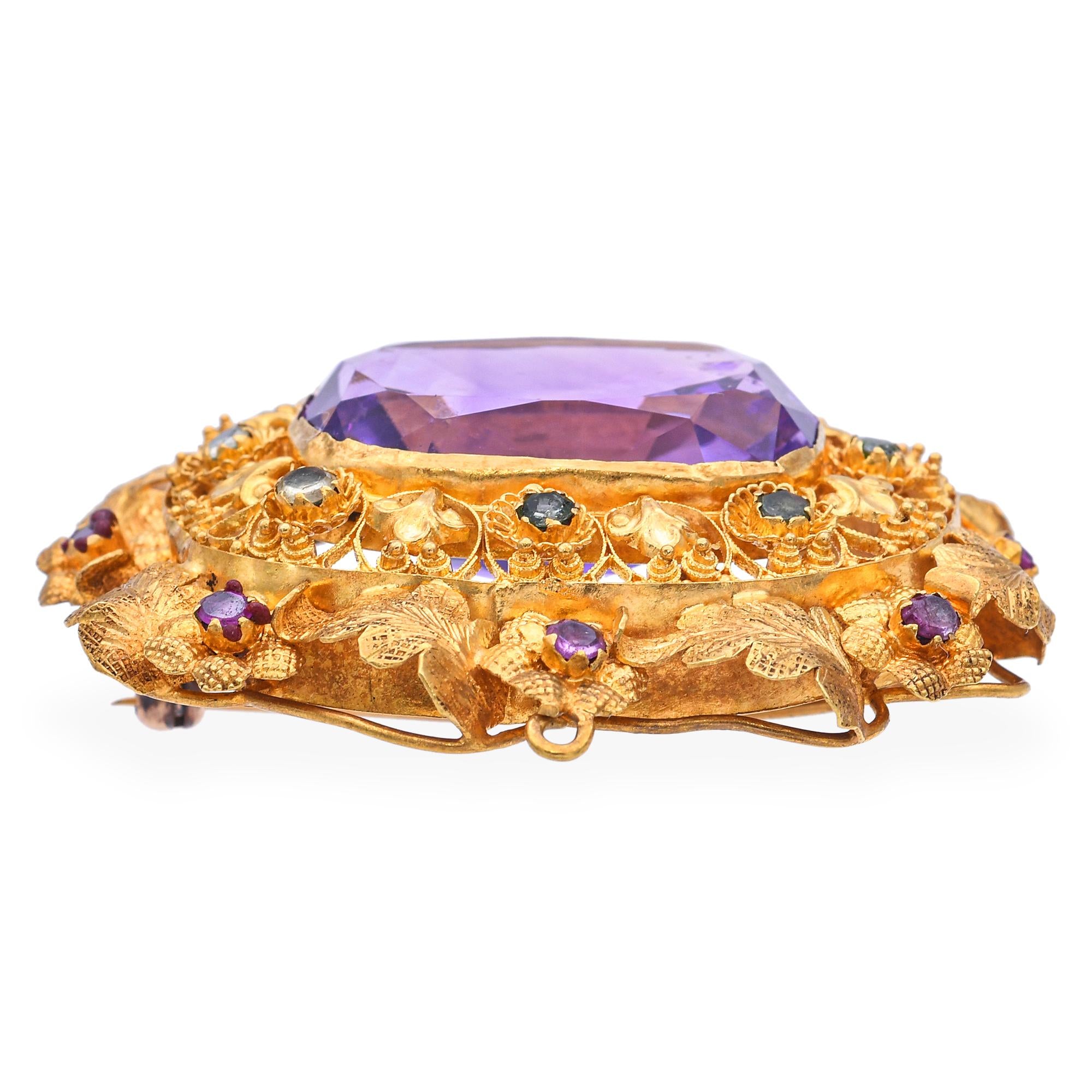 Antique 20k Yellow Gold 22.5ct Amethyst Tourmaline and Ruby Floral Brooch Pin