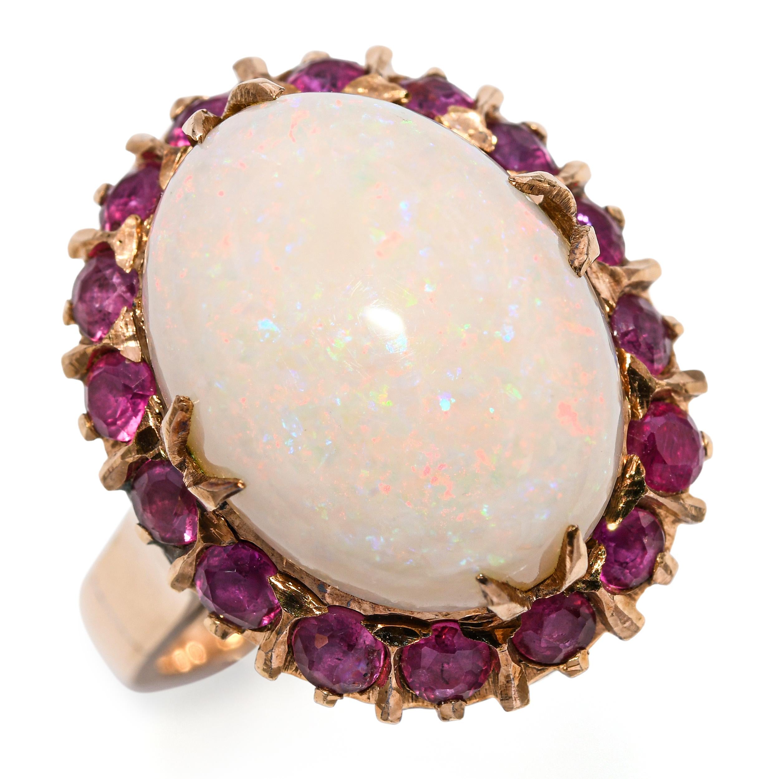 Vintage 14k Yellow Gold 6.48ct Australian Opal and 0.48tcw Ruby Halo Ring