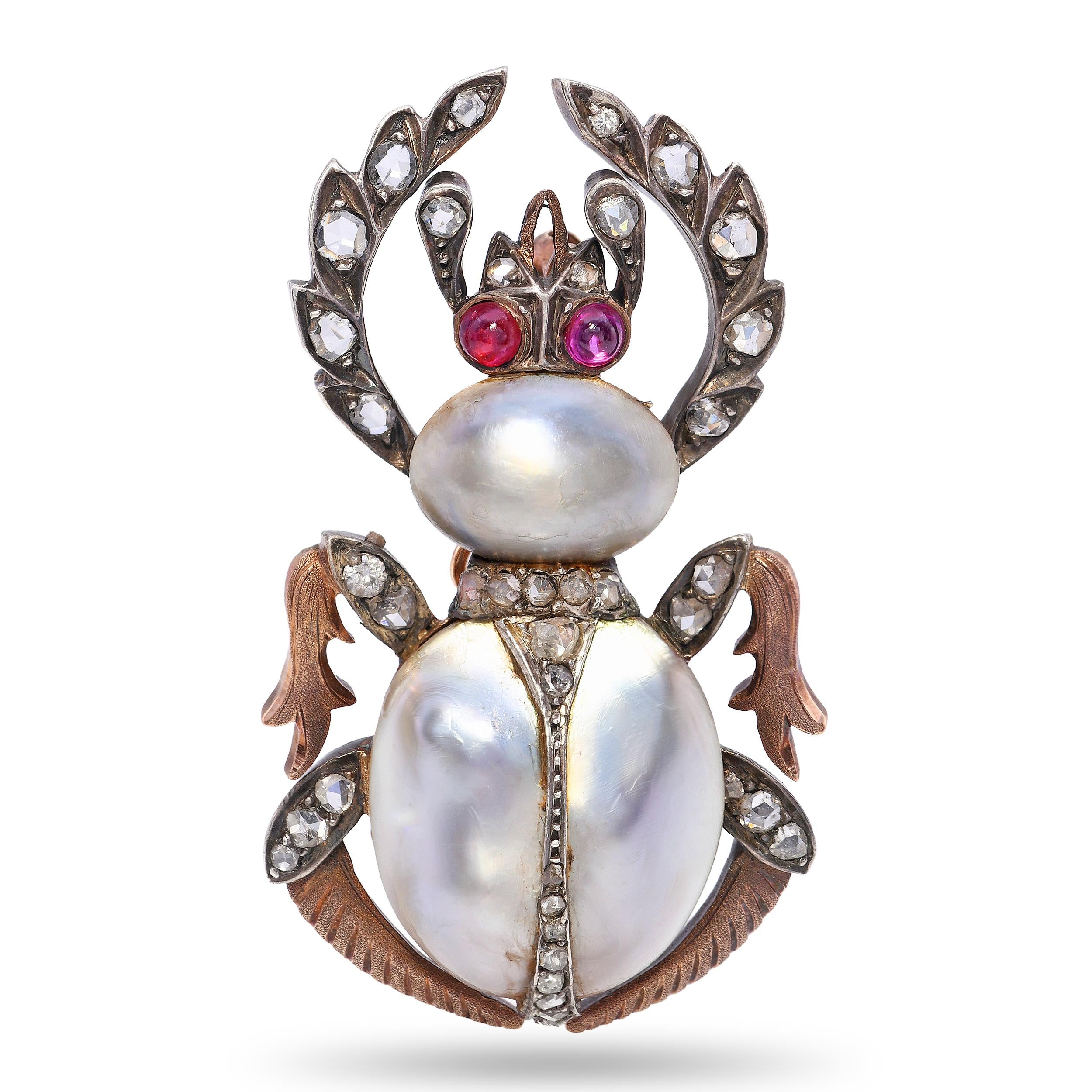 Antique Silver Topped 14k Gold Rose Cut Diamond, Pearl, and Ruby Scarab Brooch