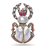 Antique Silver Topped 14k Gold Rose Cut Diamond, Pearl, and Ruby Scarab Brooch