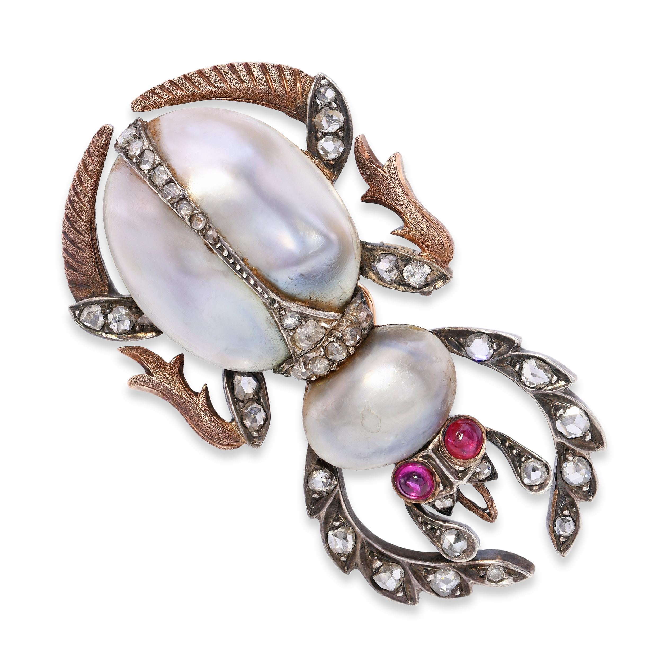 Antique Silver Topped 14k Gold Rose Cut Diamond, Pearl, and Ruby Scarab Brooch