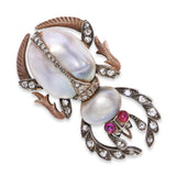 Antique Silver Topped 14k Gold Rose Cut Diamond, Pearl, and Ruby Scarab Brooch