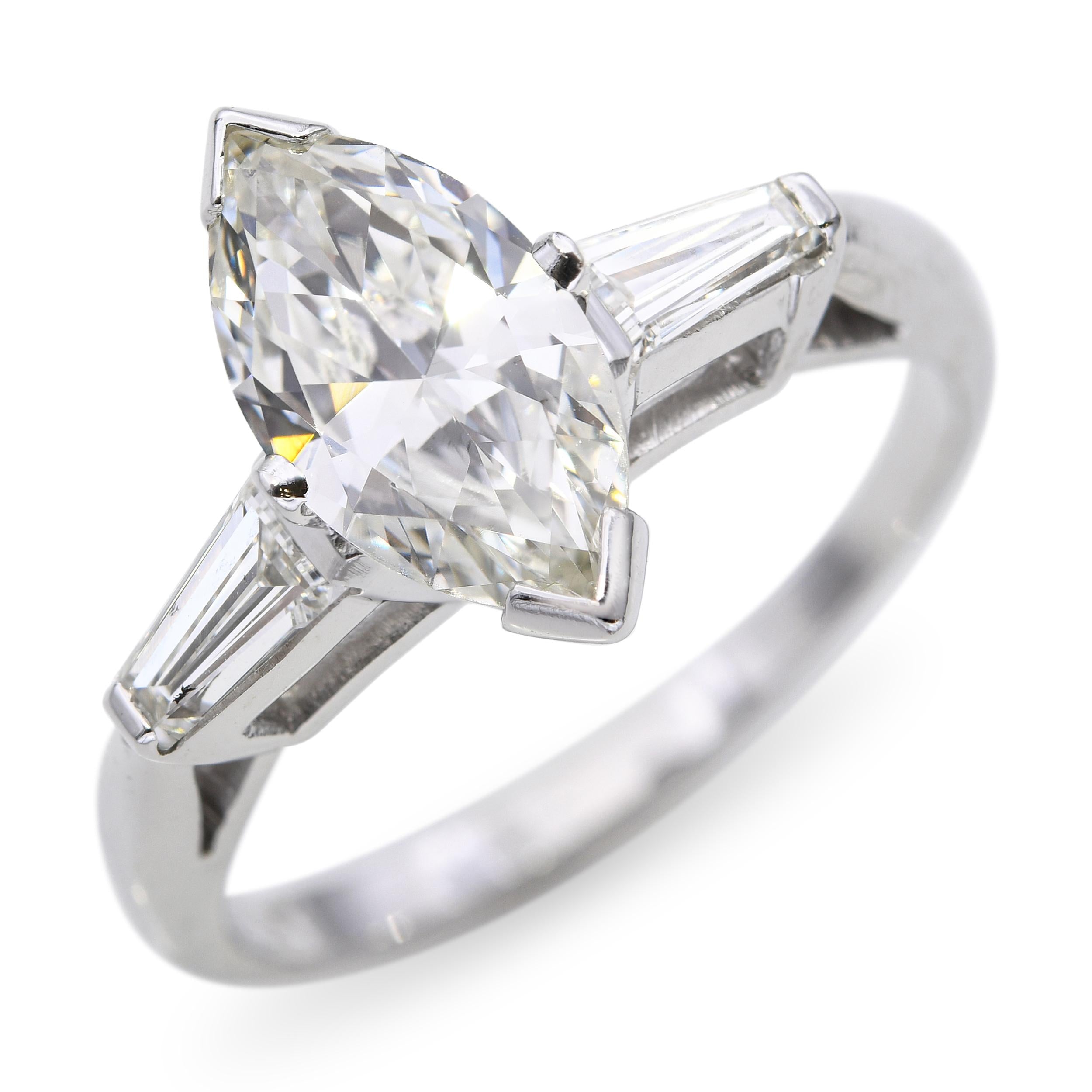 Vintage Platinum 1.52tcw Marquise & Tapered Baguette Diamond Engagement Ring