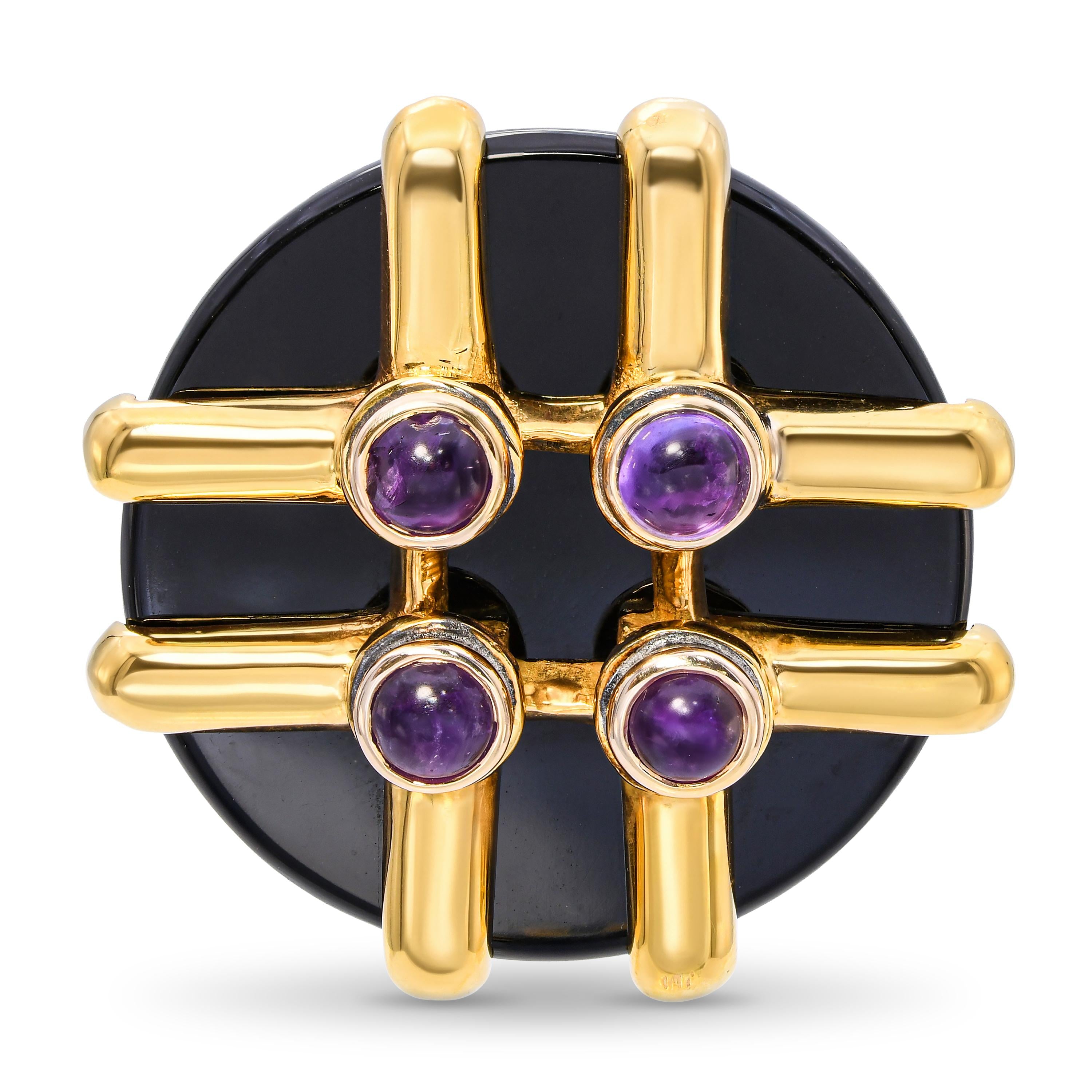 Vintage Aldo Cipullo 1974 18k Yellow Gold Onyx & Amethyst Brooch