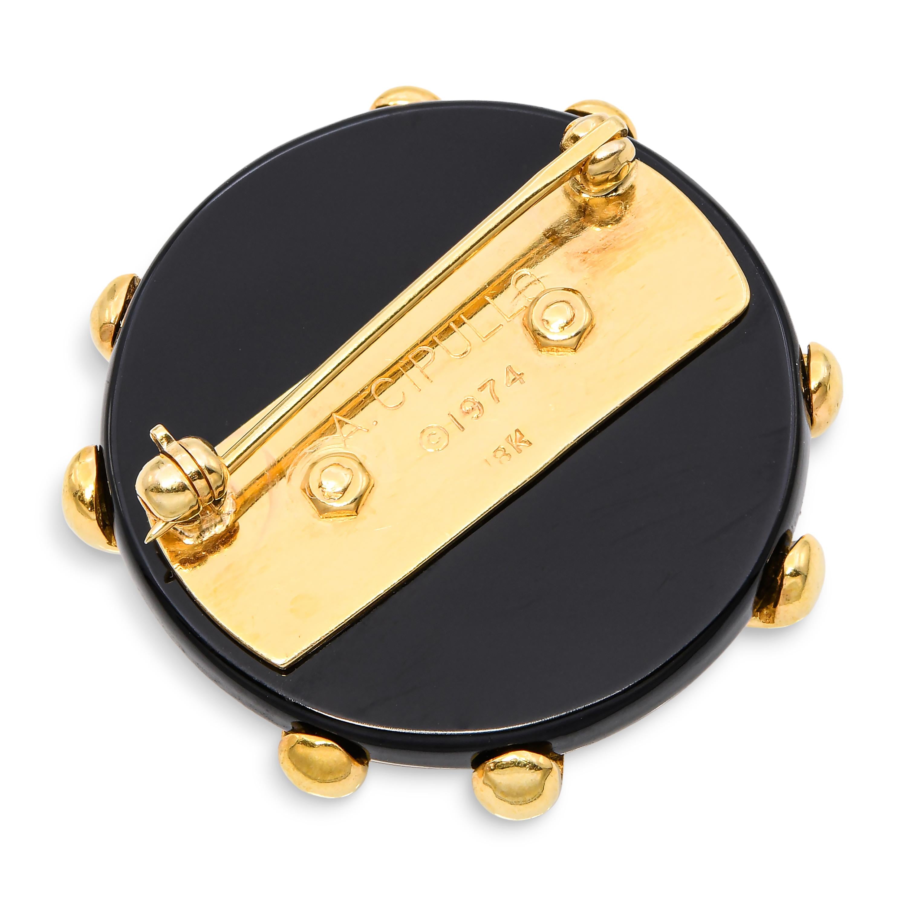 Vintage Aldo Cipullo 1974 18k Yellow Gold Onyx & Amethyst Brooch