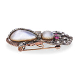 Antique Silver Topped 14k Gold Rose Cut Diamond, Pearl, and Ruby Scarab Brooch