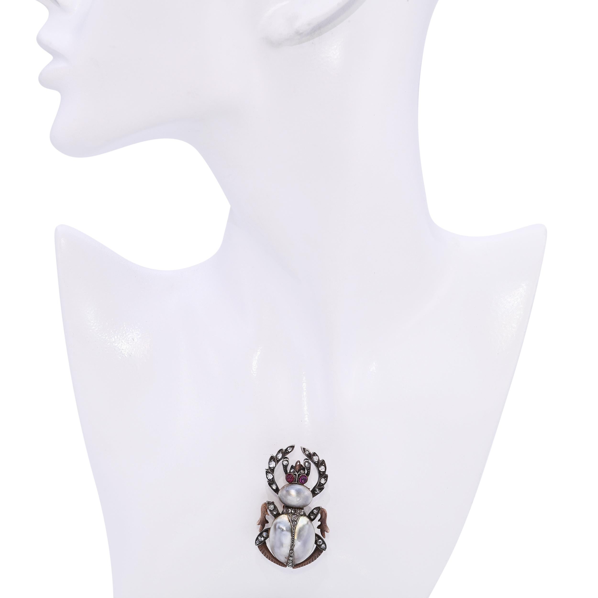 Antique Silver Topped 14k Gold Rose Cut Diamond, Pearl, and Ruby Scarab Brooch