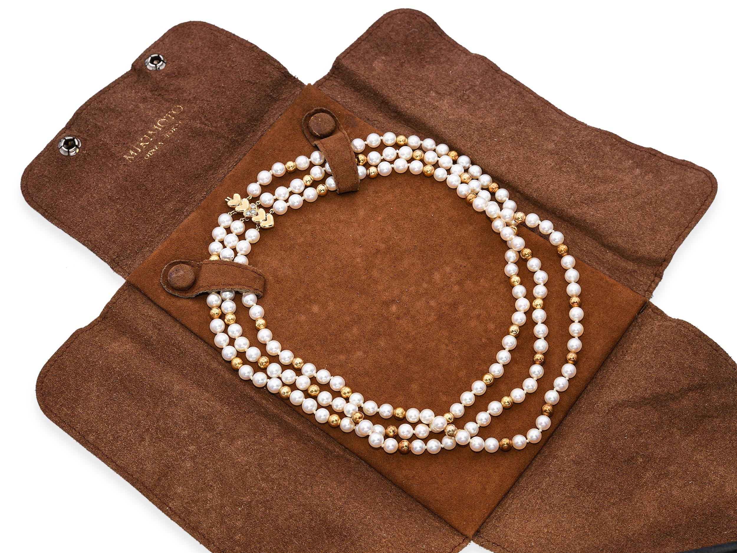 Mikimoto 18k Yellow Gold Multi Strand Gold Bead Pearl Necklace