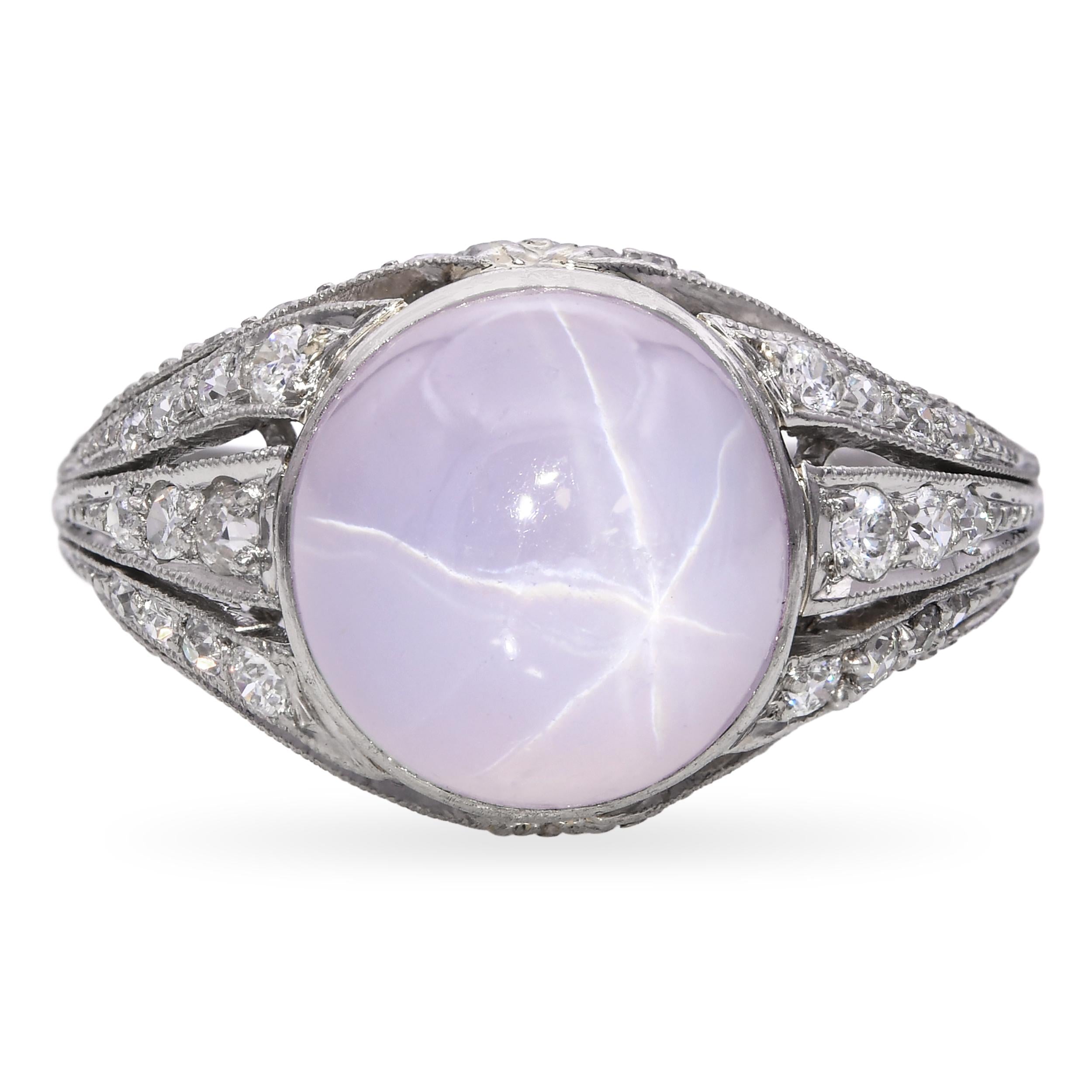 Antique Edwardian Purple Star Sapphire and Diamond Filigree Ring