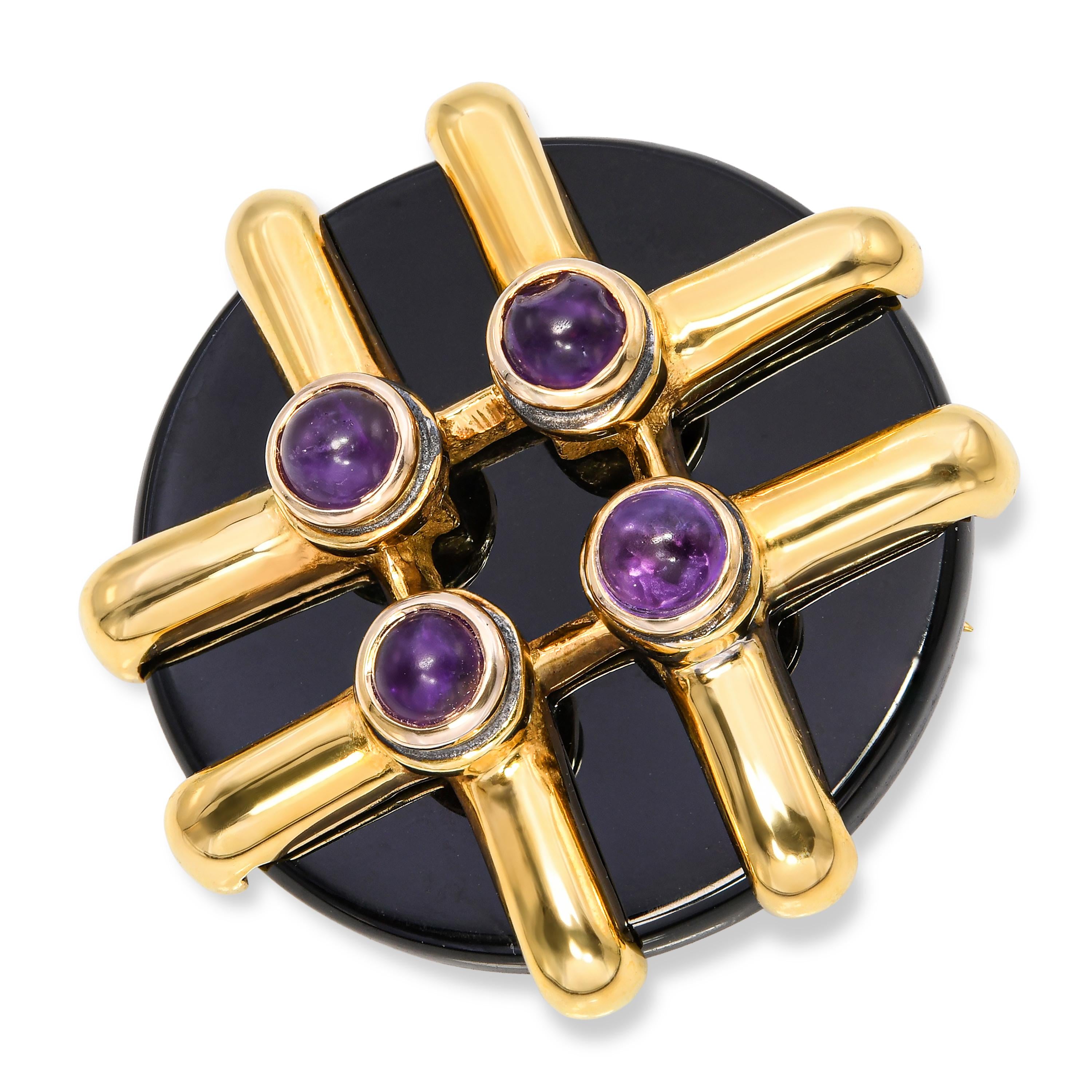 Vintage Aldo Cipullo 1974 18k Yellow Gold Onyx & Amethyst Brooch