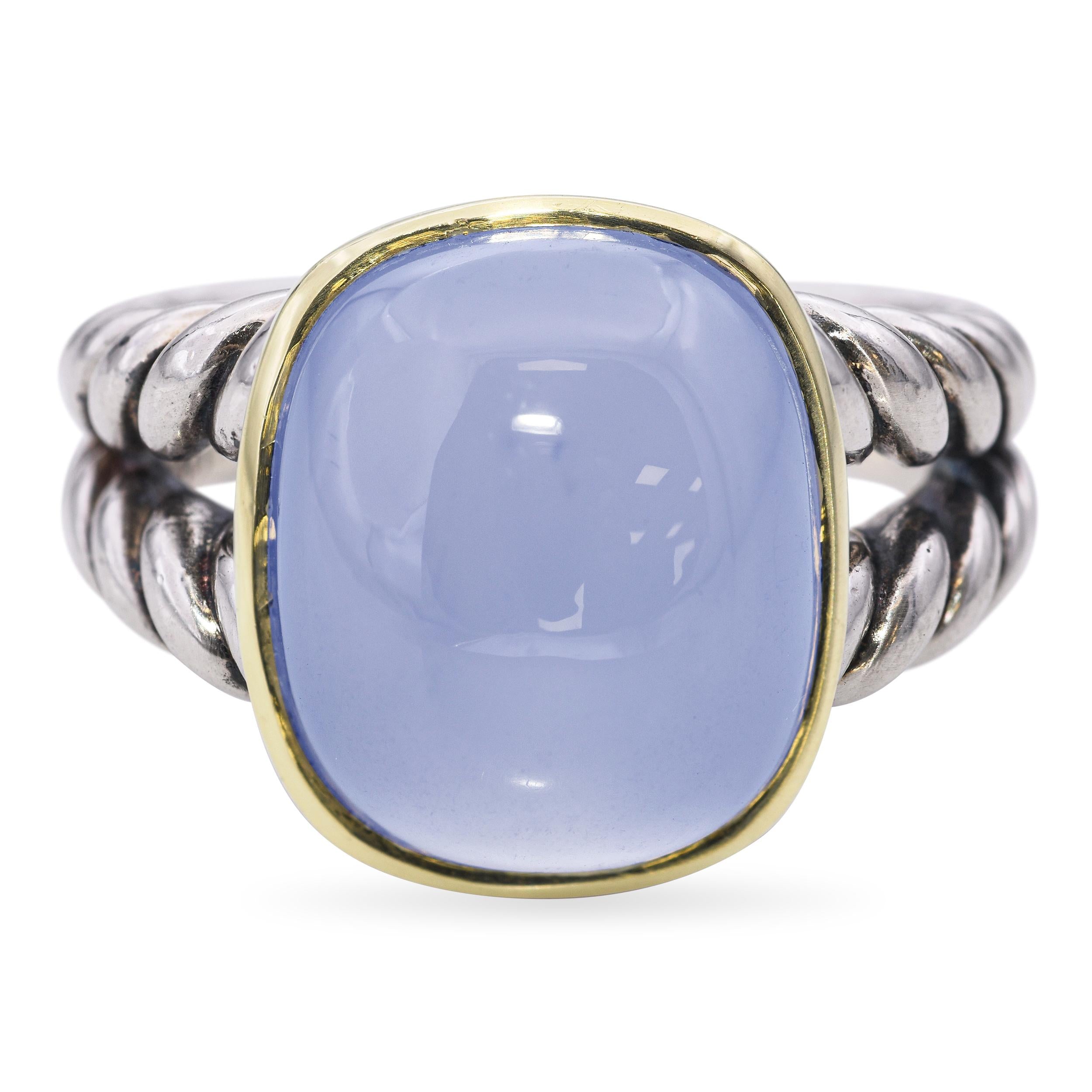 David Yurman Sterling Silver and 18k Yellow Gold Blue Calcedony Braided Ring