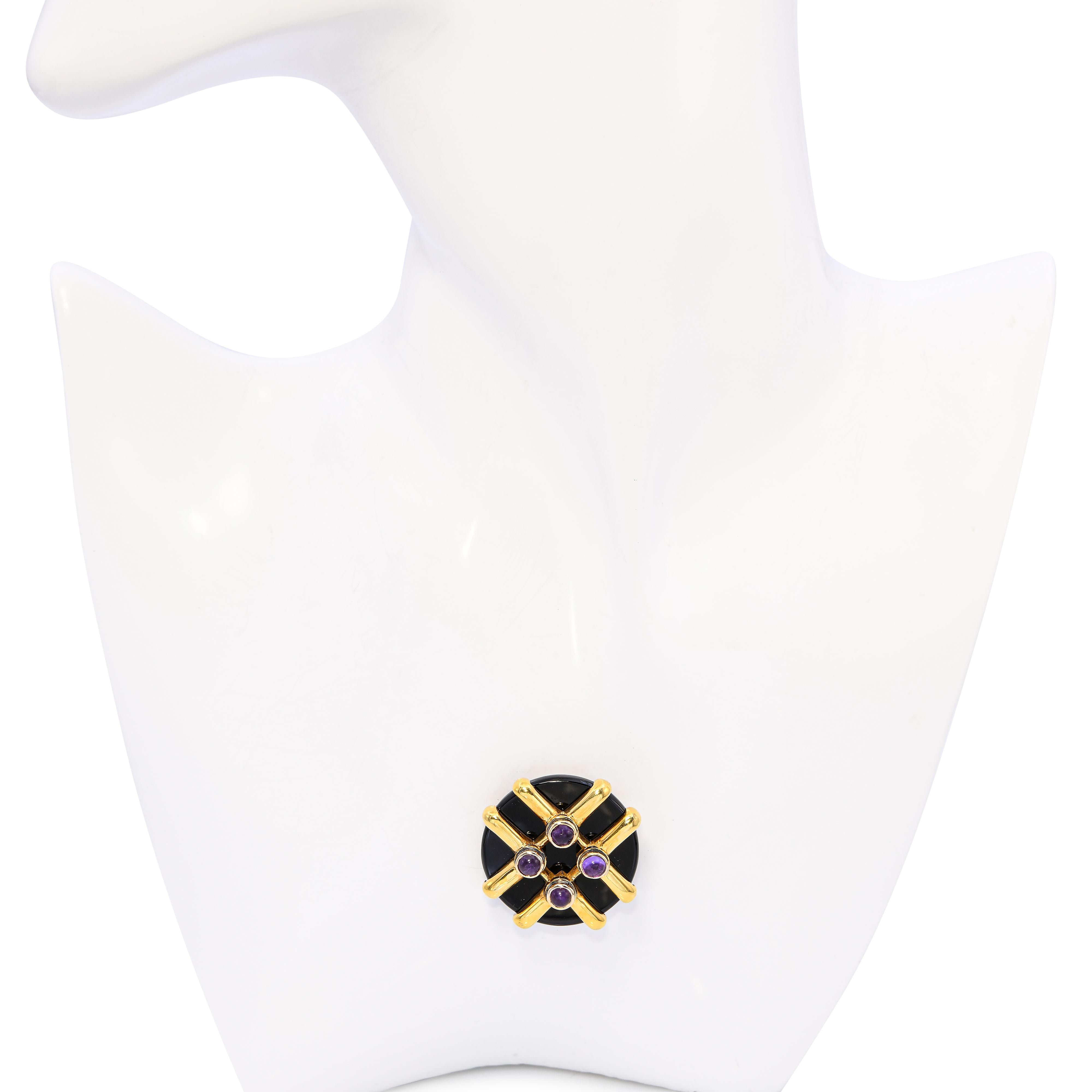 Vintage Aldo Cipullo 1974 18k Yellow Gold Onyx & Amethyst Brooch