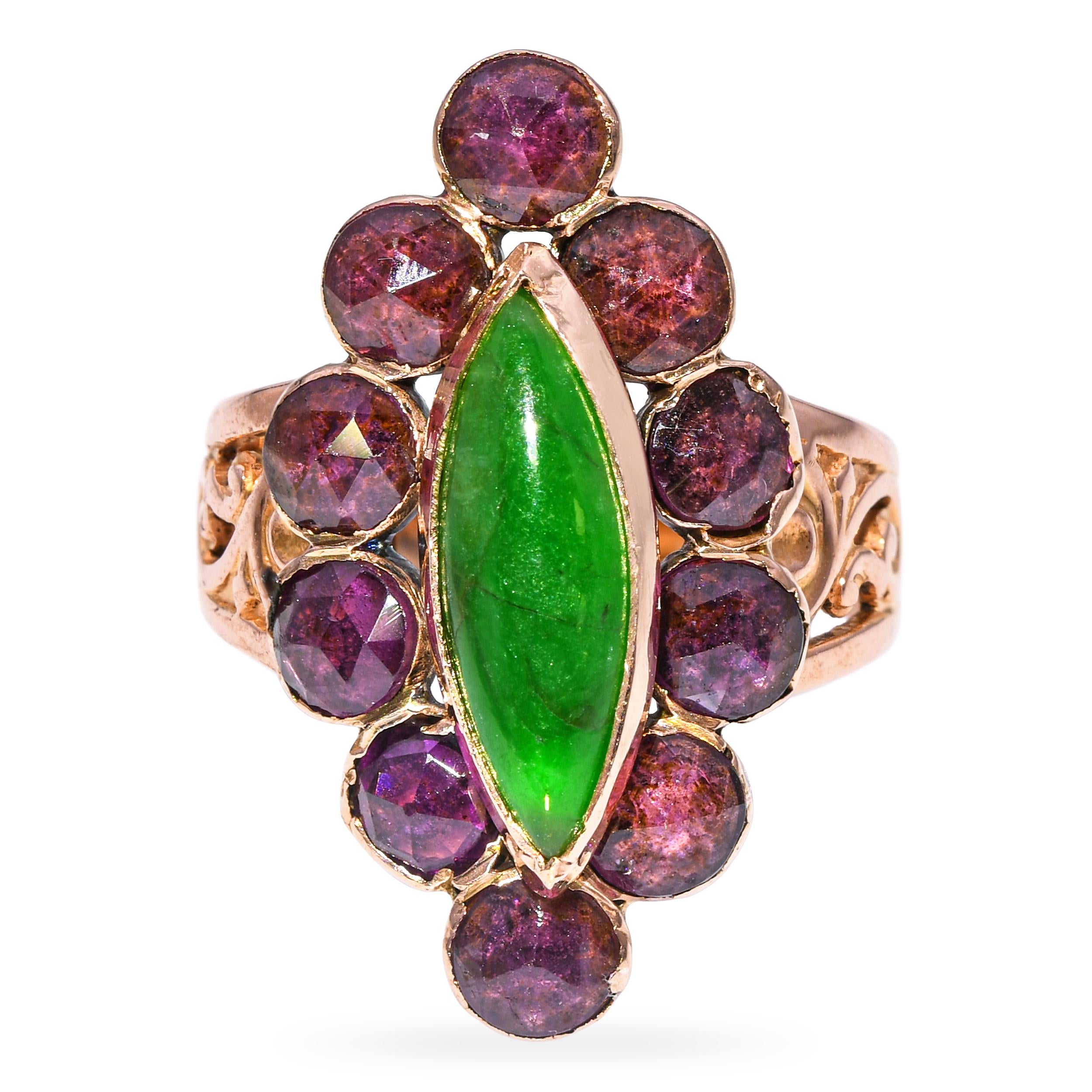 Antique Georgian 18k Yellow Gold Rose Cut Garnet and Jade Navette Ring