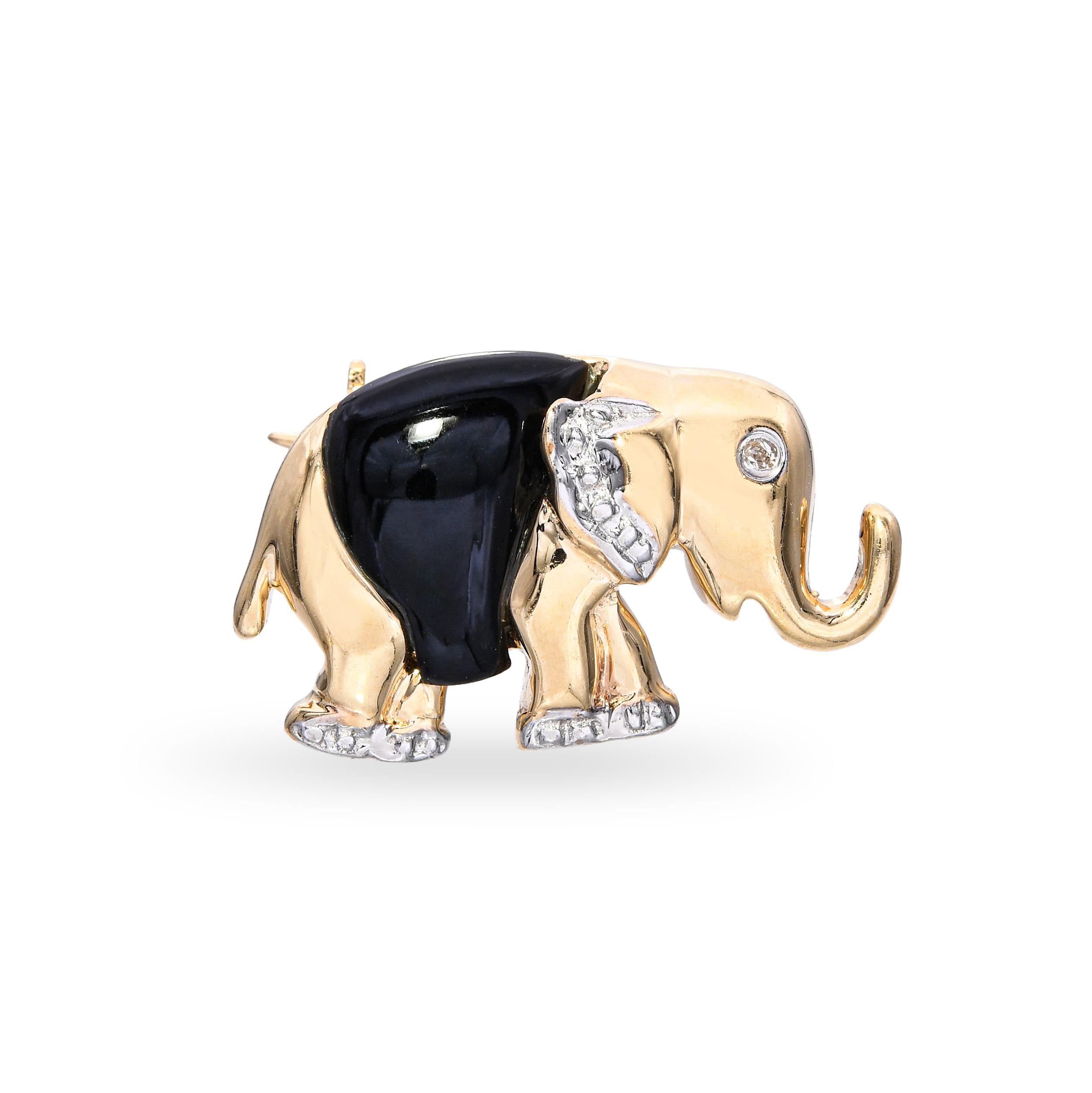 Vintage Vo 14k Yellow Gold Onyx and Diamond Elephant Brooch Pin
