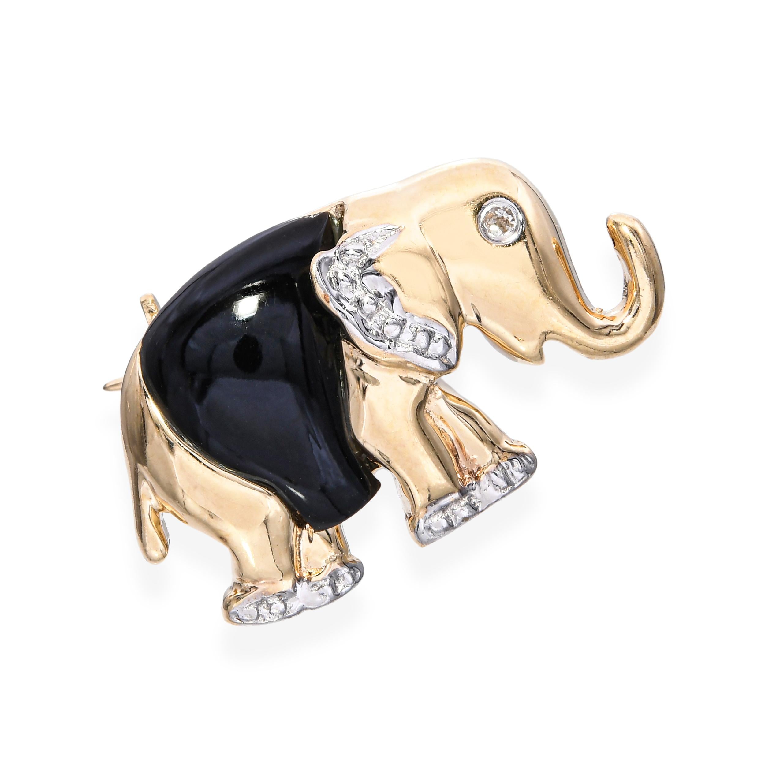 Vintage Vo 14k Yellow Gold Onyx and Diamond Elephant Brooch Pin