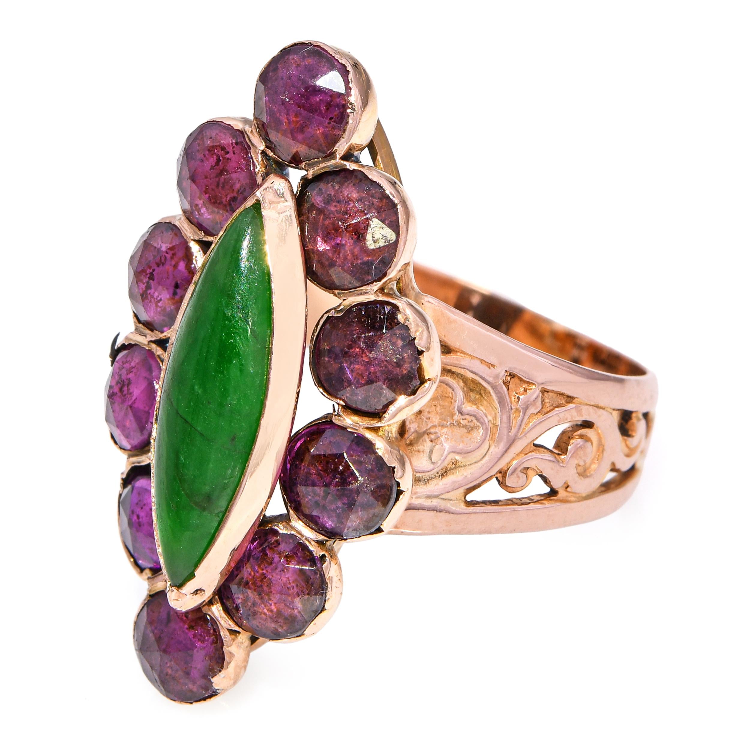 Antique Georgian 18k Yellow Gold Rose Cut Garnet and Jade Navette Ring