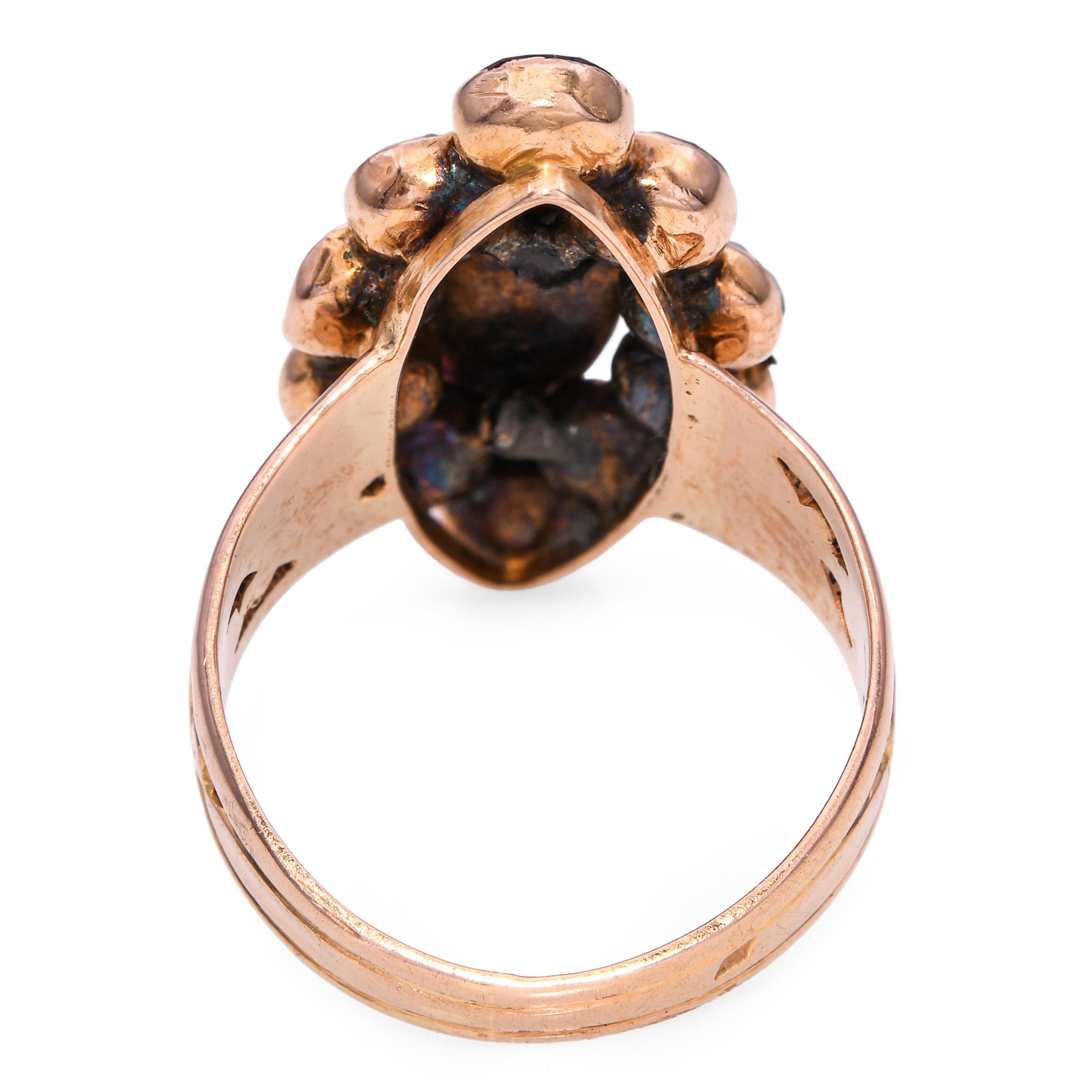 Antique Georgian 18k Yellow Gold Rose Cut Garnet and Jade Navette Ring