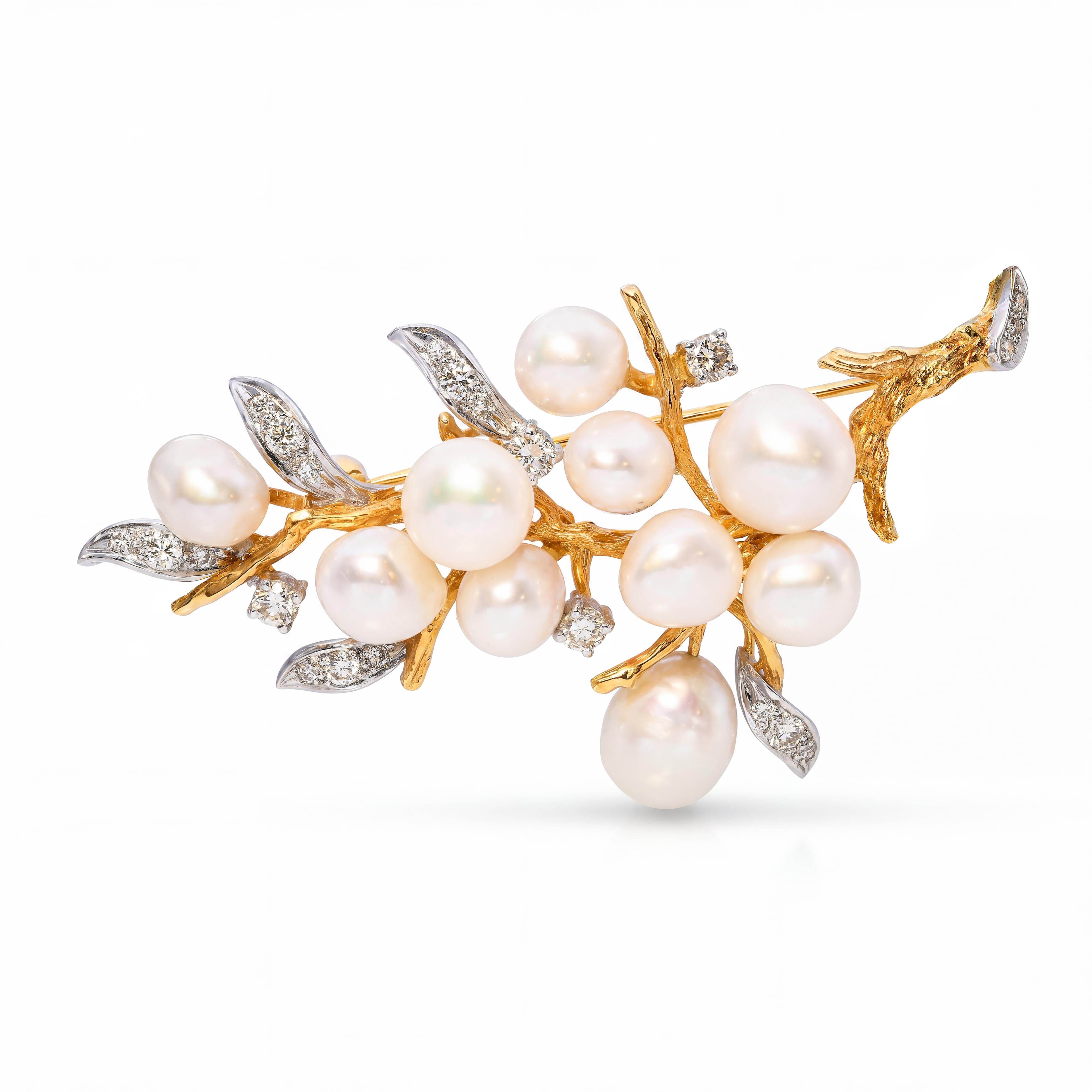 Vintage 17k Yellow Gold Pearl and 1.01ctw Diamond Branch and Leaves Brooch