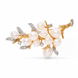 Vintage 17k Yellow Gold Pearl and 1.01ctw Diamond Branch and Leaves Brooch