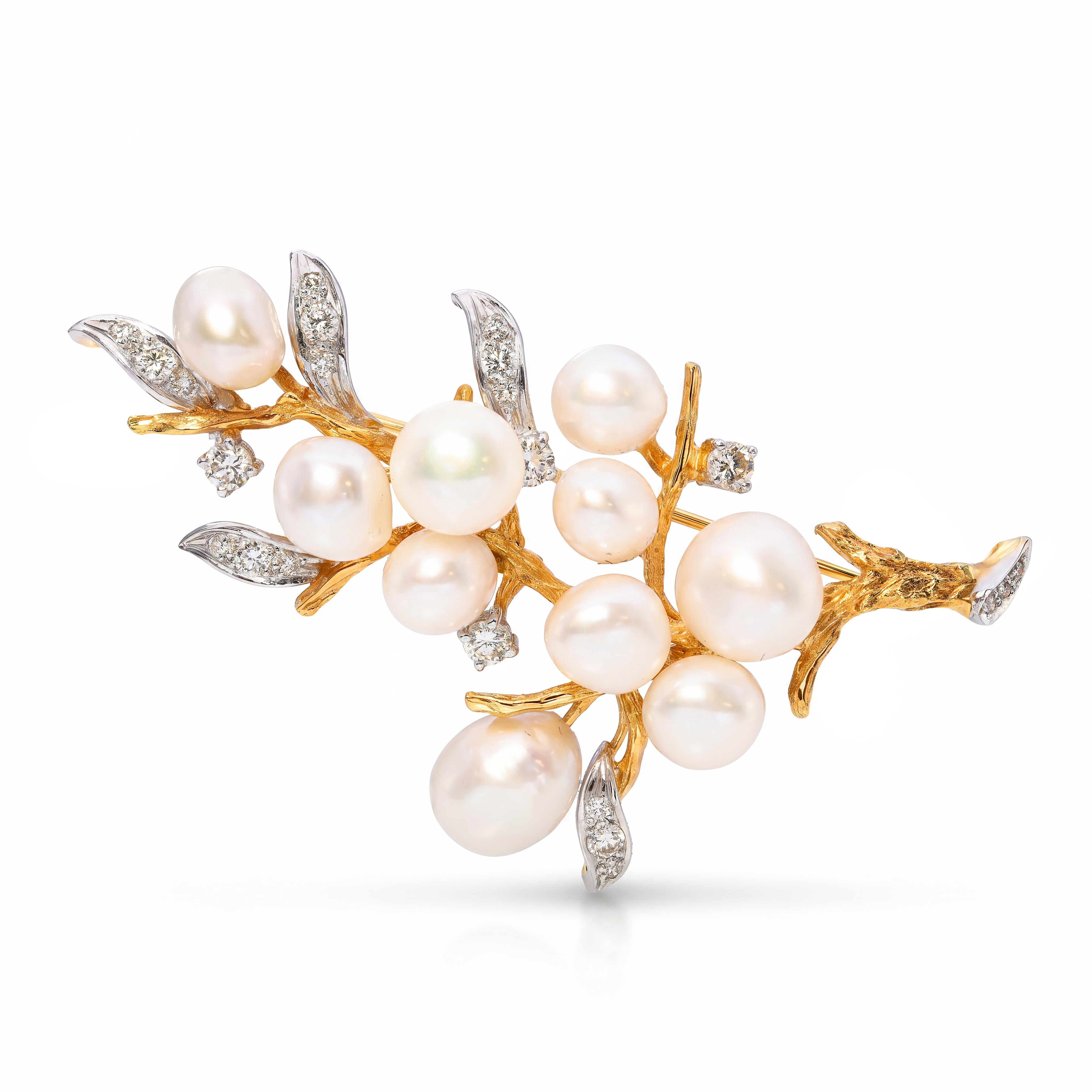 Vintage 17k Yellow Gold Pearl and 1.01ctw Diamond Branch and Leaves Brooch