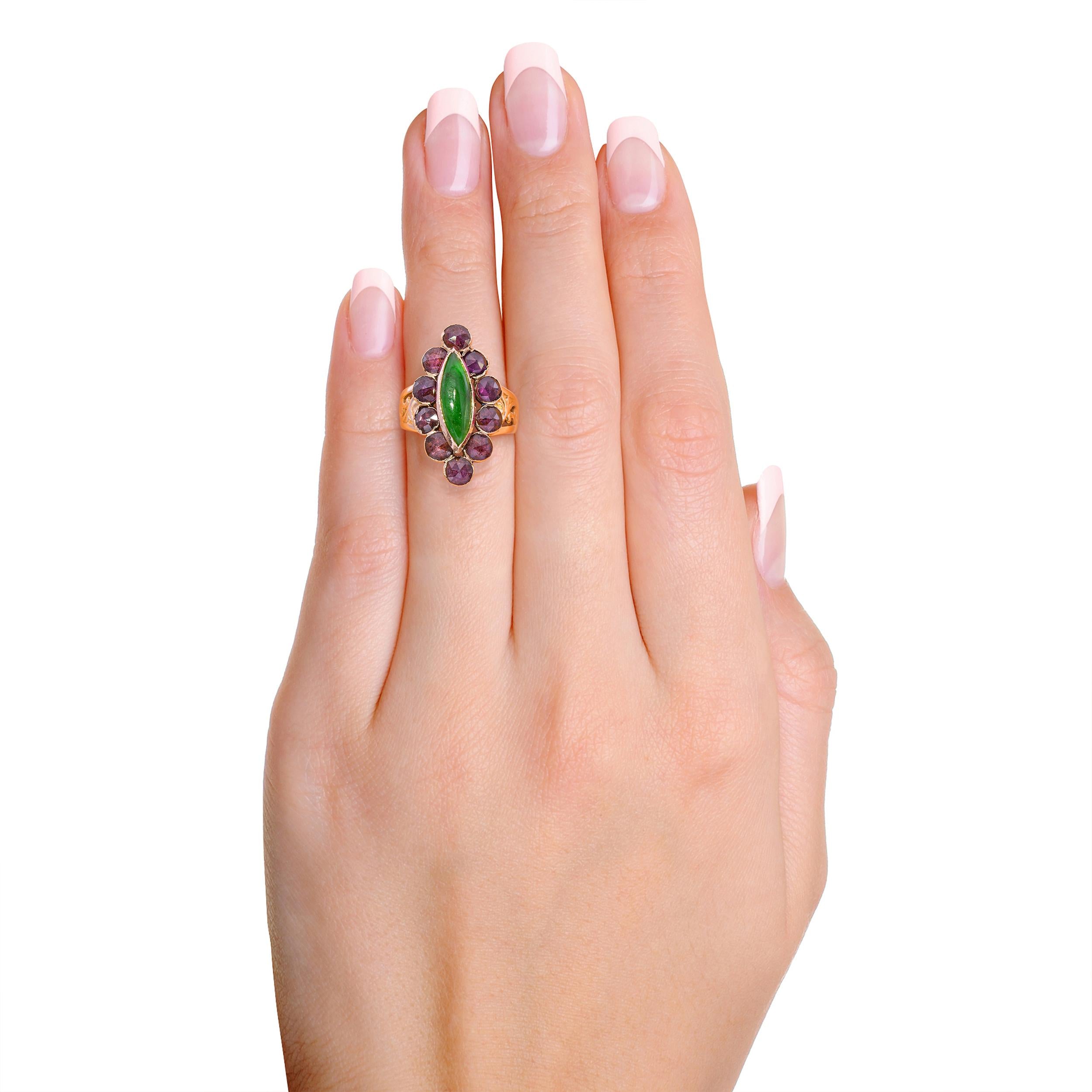 Antique Georgian 18k Yellow Gold Rose Cut Garnet and Jade Navette Ring