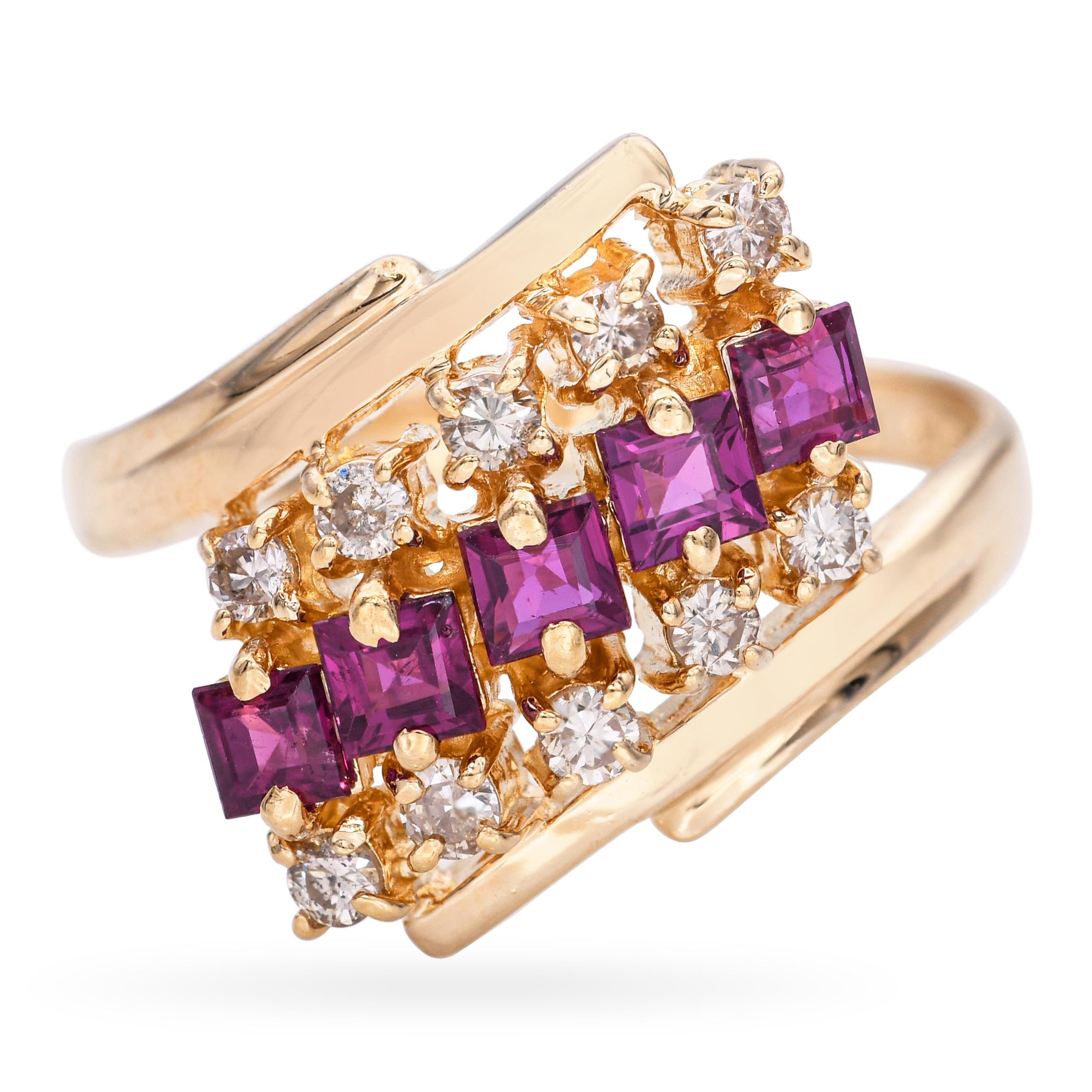 Vintage 14k Yellow Gold Diamond and Ruby Bypass Ring