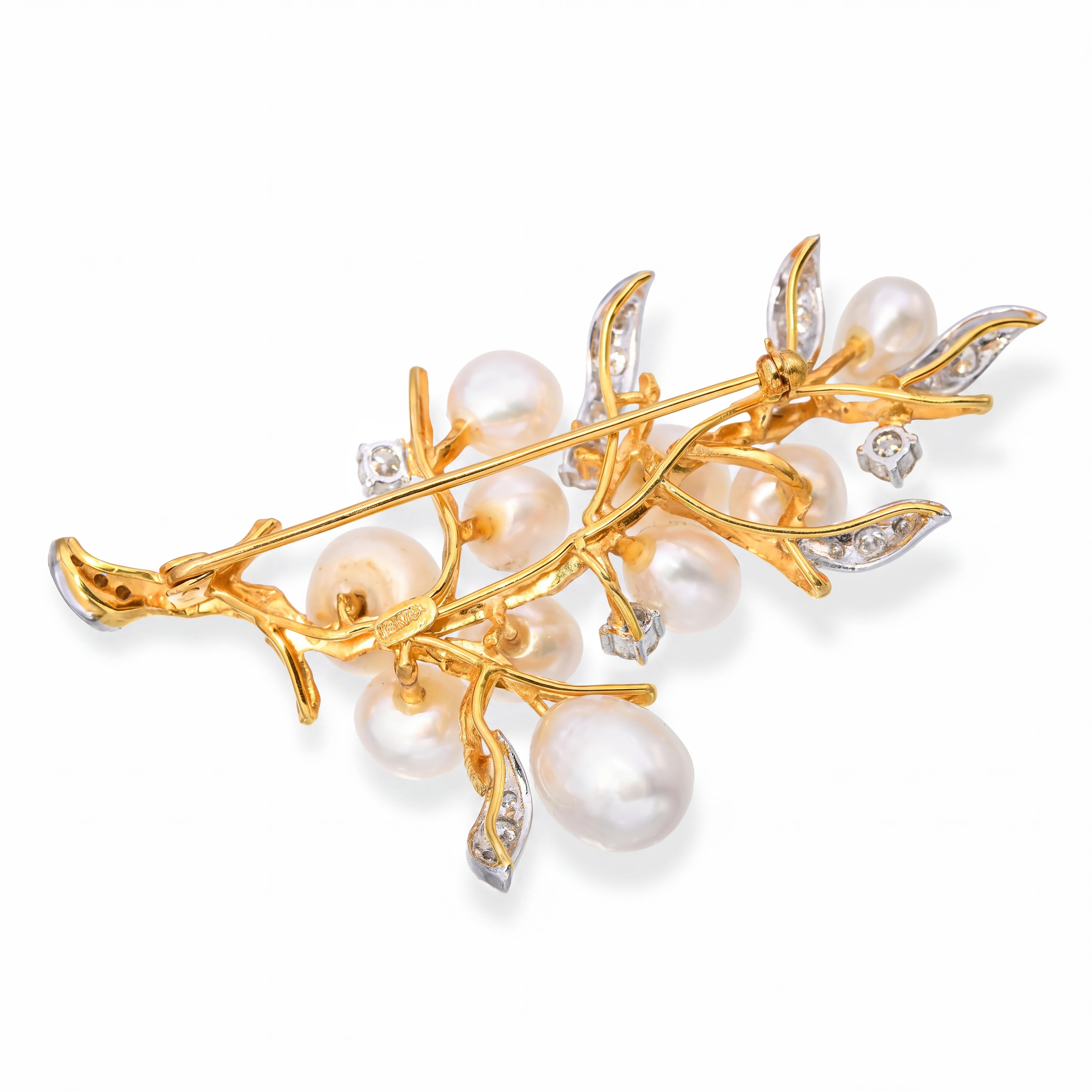Vintage 17k Yellow Gold Pearl and 1.01ctw Diamond Branch and Leaves Brooch