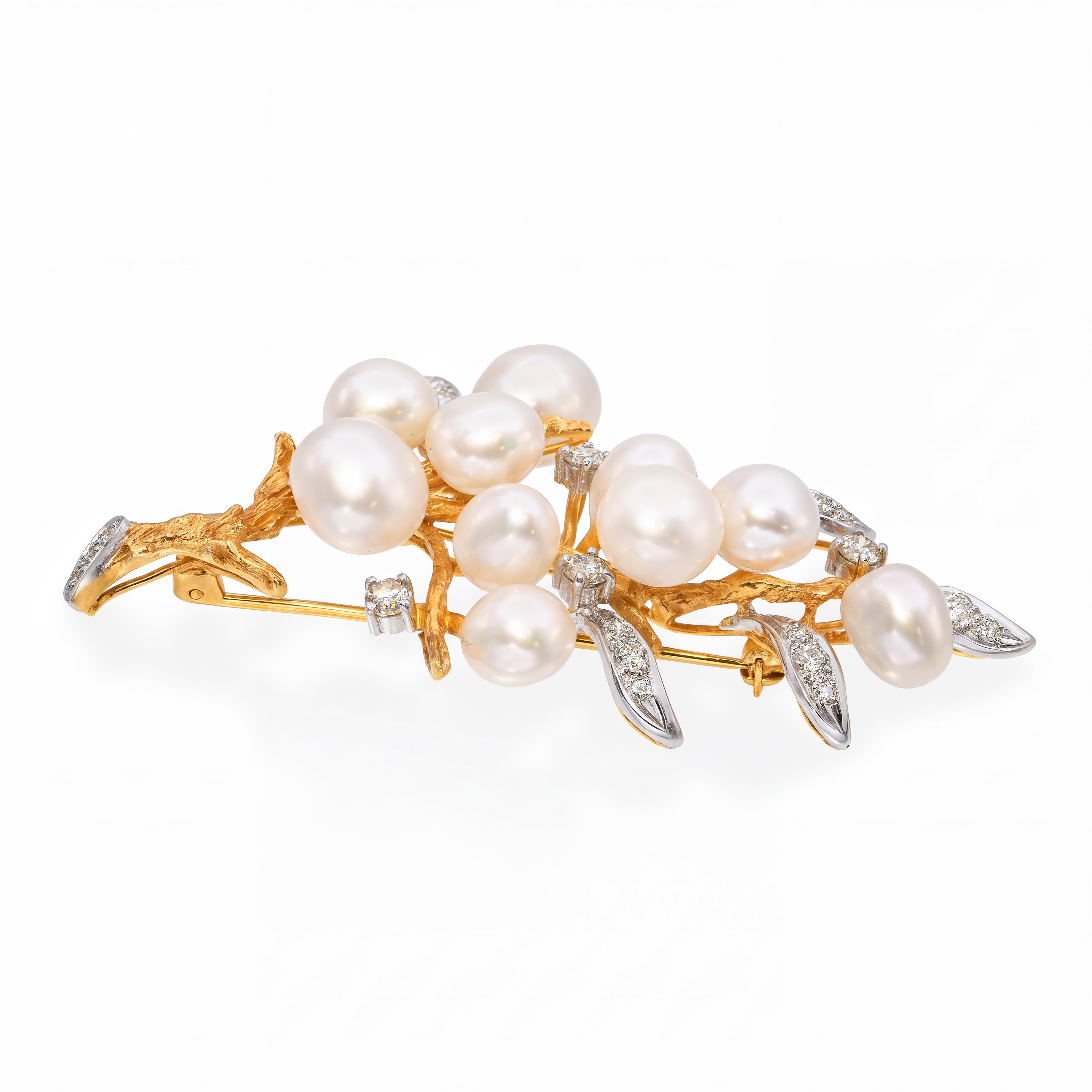 Vintage 17k Yellow Gold Pearl and 1.01ctw Diamond Branch and Leaves Brooch