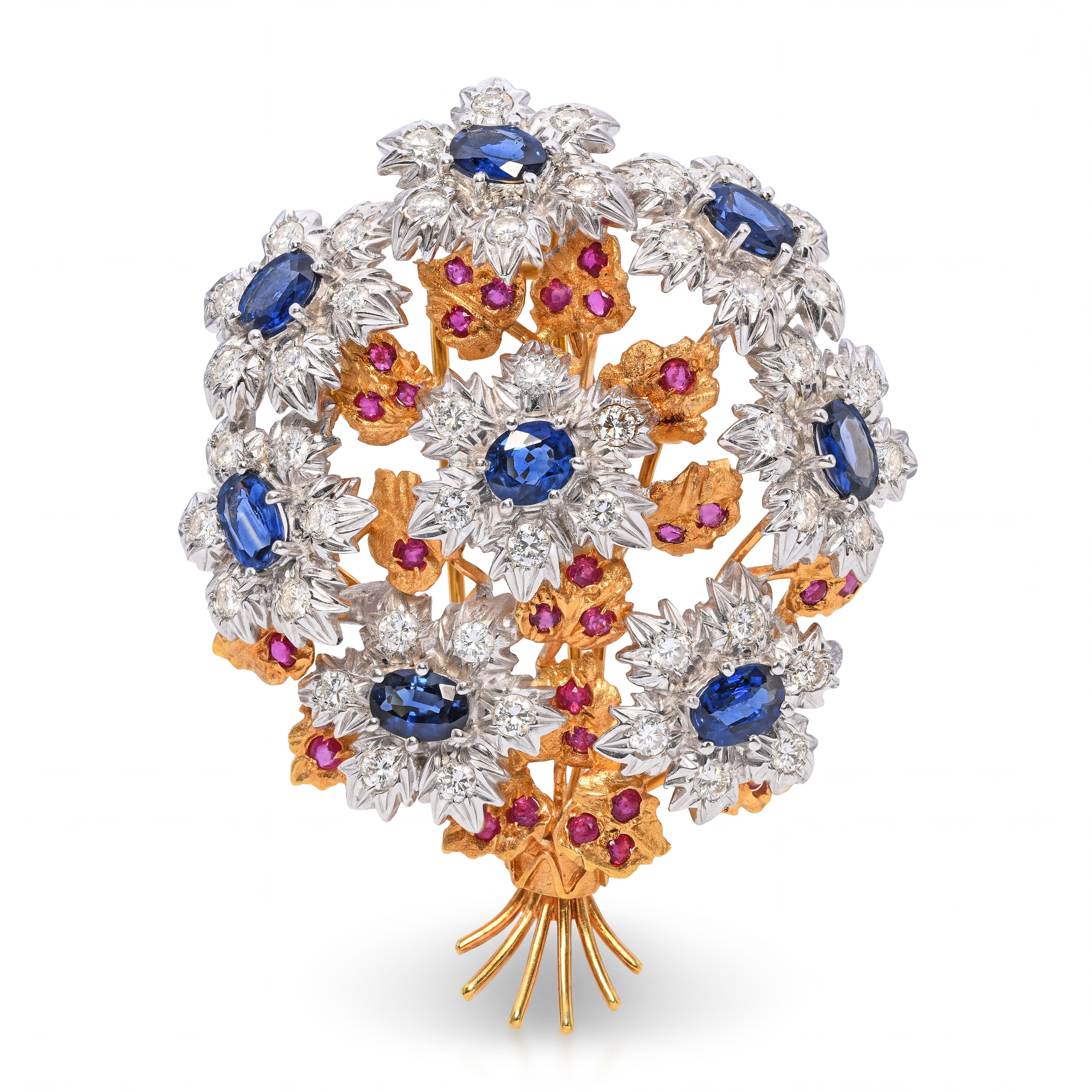 18k Two Tone Gold Sapphire, Diamond & Ruby Bouquet Brooch