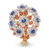 18k Two Tone Gold Sapphire, Diamond & Ruby Bouquet Brooch