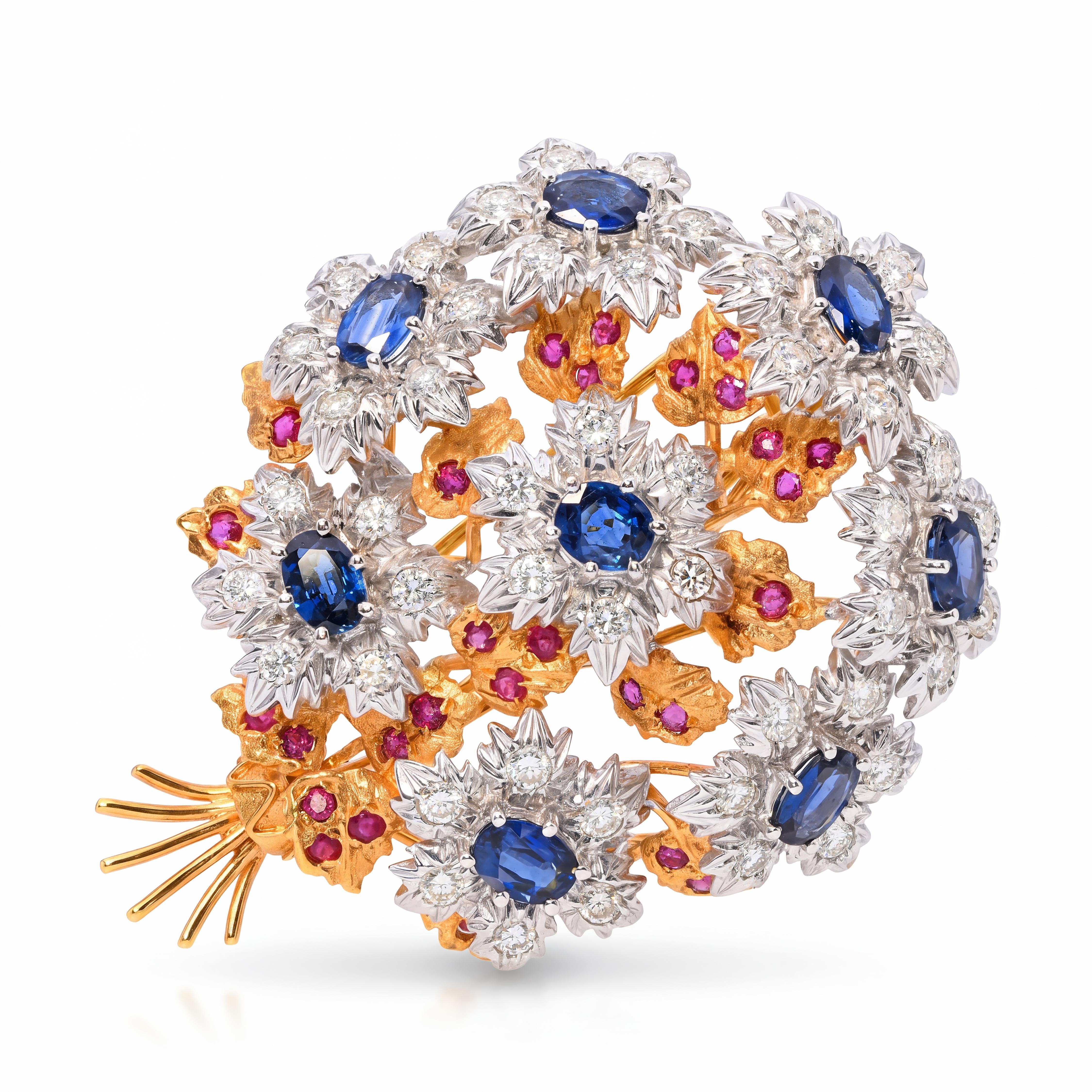 18k Two Tone Gold Sapphire, Diamond & Ruby Bouquet Brooch