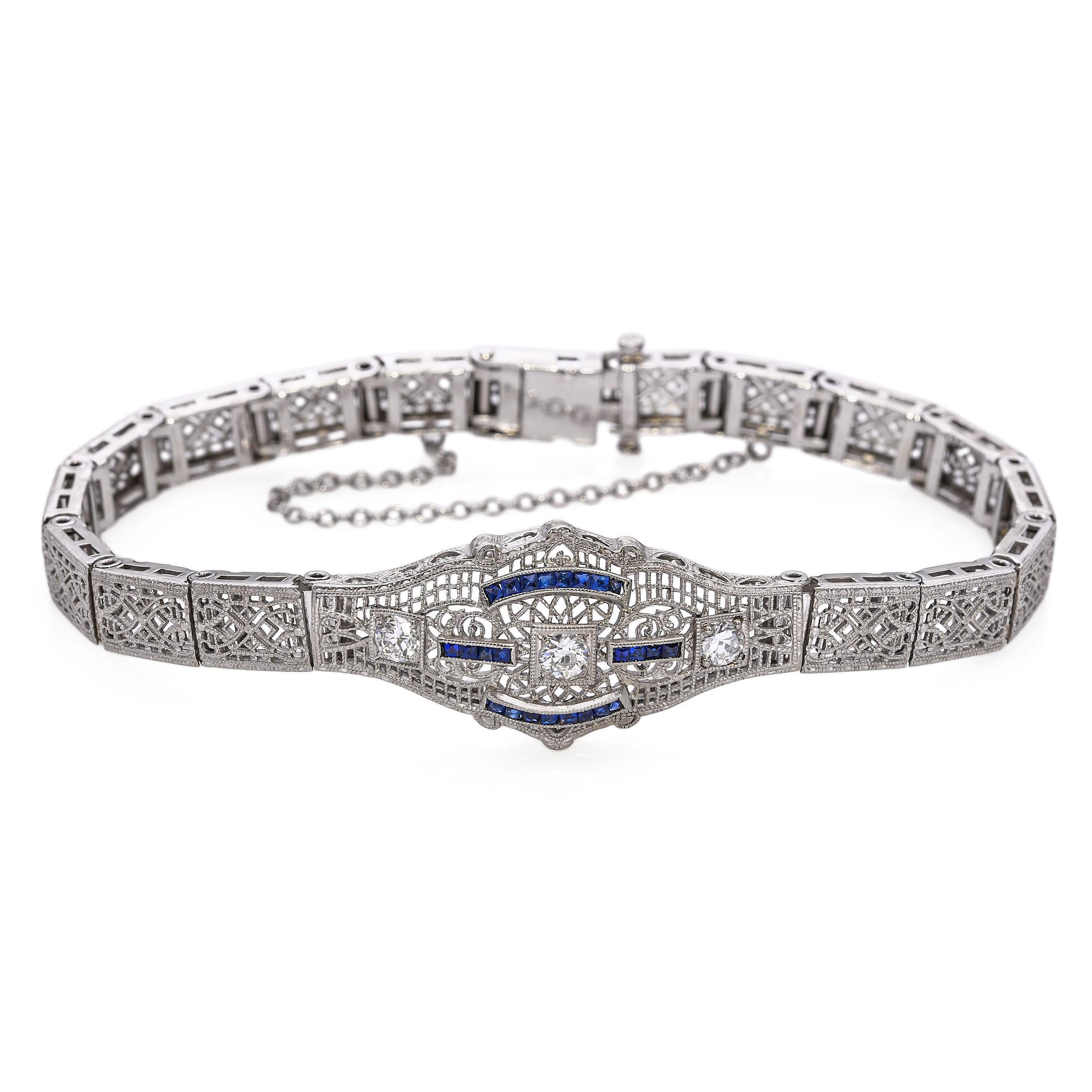 Art Deco 14k White Gold Diamond and Sapphire Delicate Filigree Bracele ...
