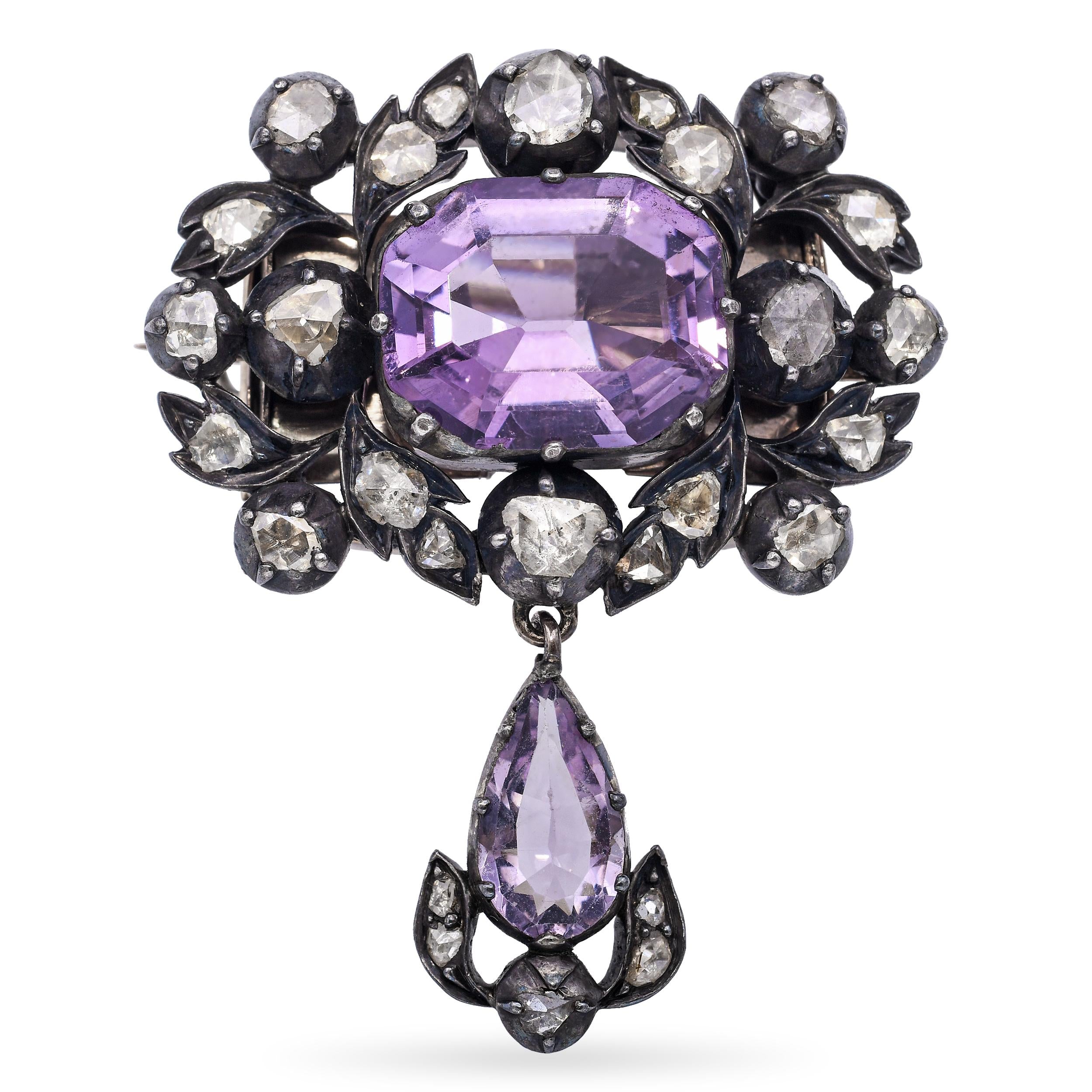 Antique Silver Topped Gold Rose-cut Diamond and Amethyst Brooch