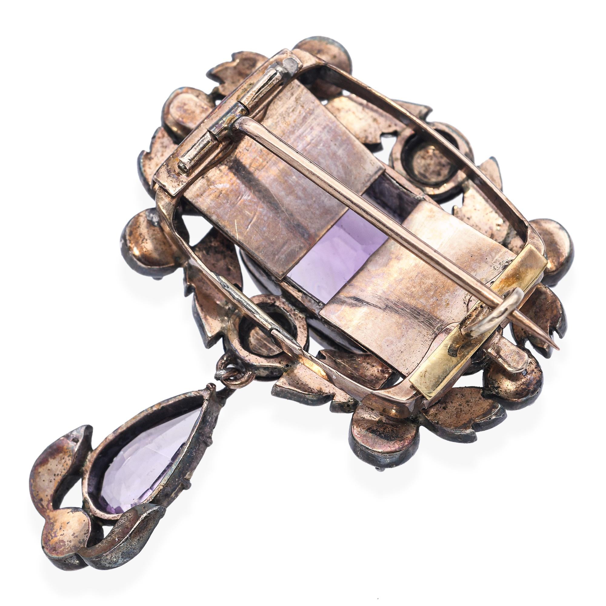 Antique Silver Topped Gold Rose-cut Diamond and Amethyst Brooch
